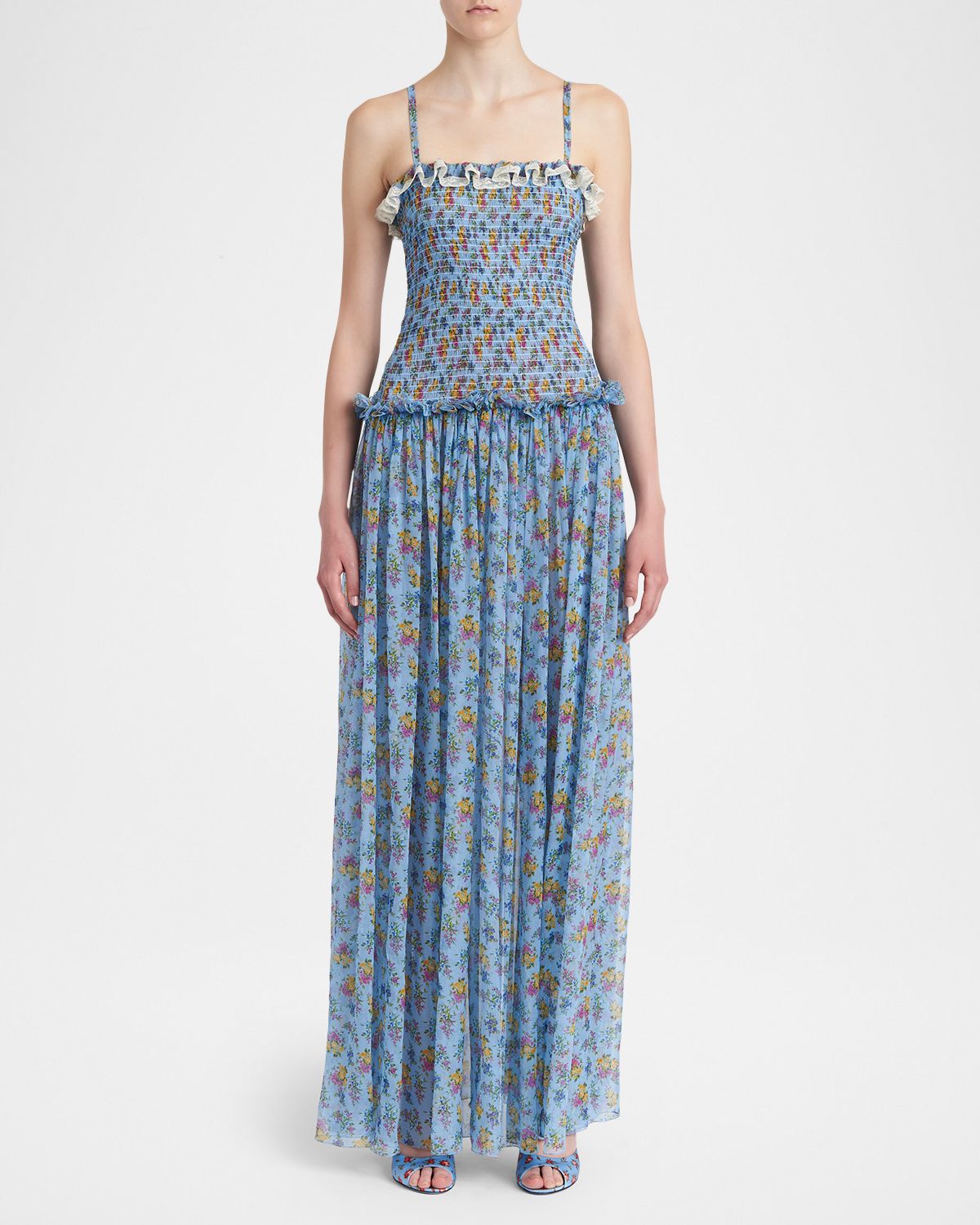 Dolce & Gabbana Floral Smocked Chiffon Sleeveless Maxi Dress