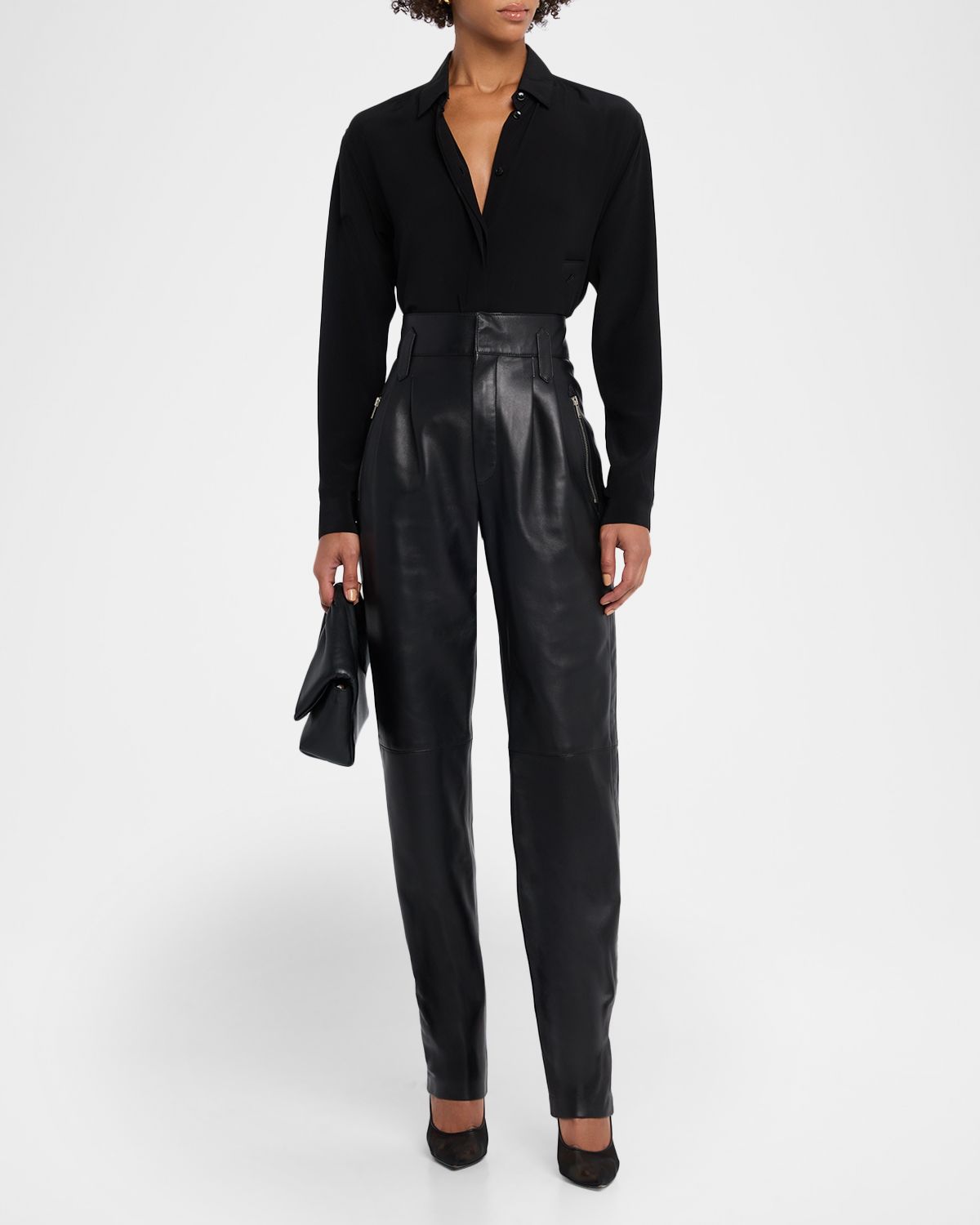 Saint Laurent High-Rise Pleated Leather Tapered-Leg Pants