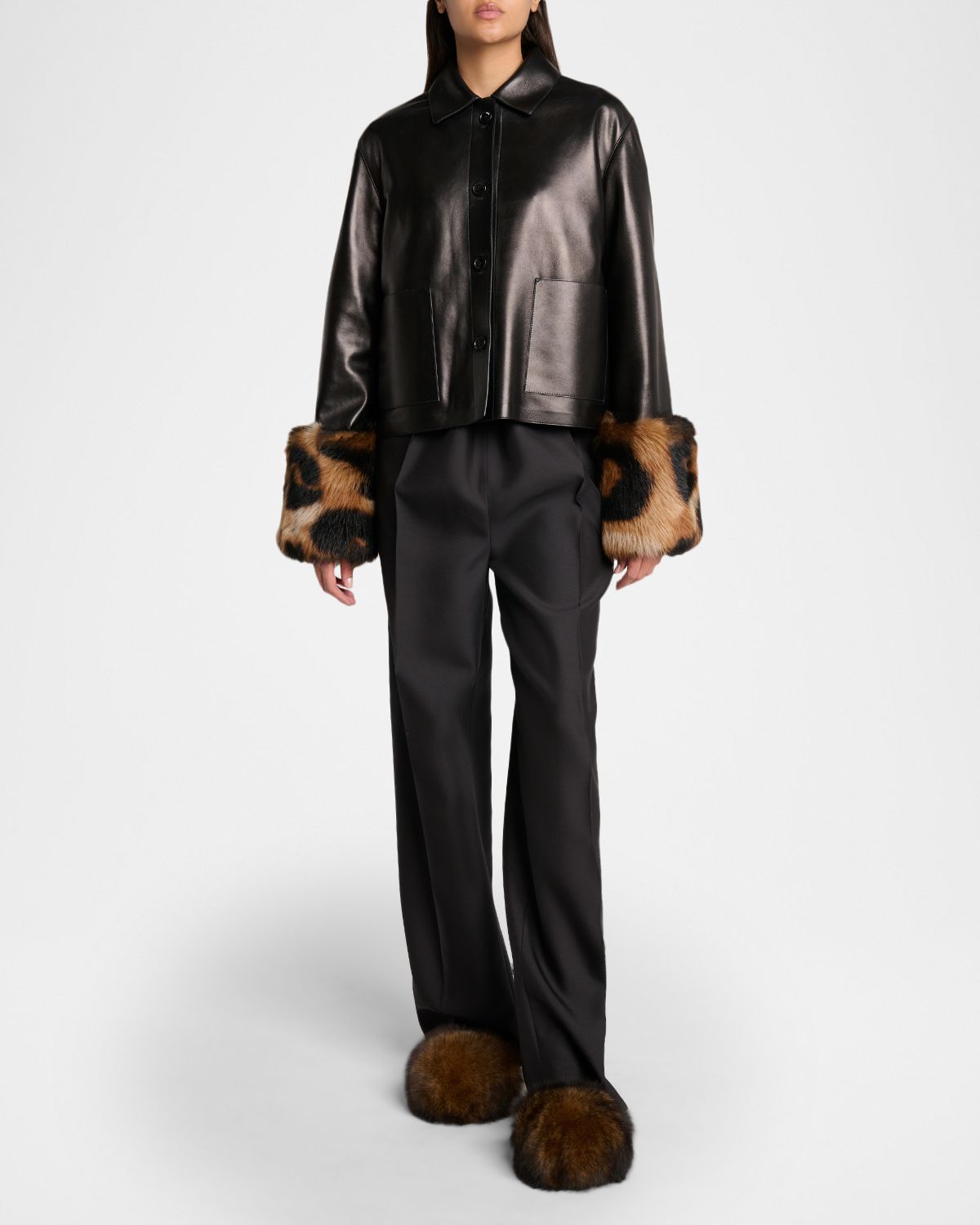 Loewe Leather Jacket With Leopard-Print Lamb Shearling Cuffs
