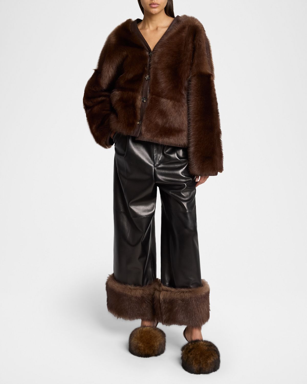 Loewe Turn-Up Shiny Leather Wide-Leg Ankle Trousers With Lamb Shearling Cuffs