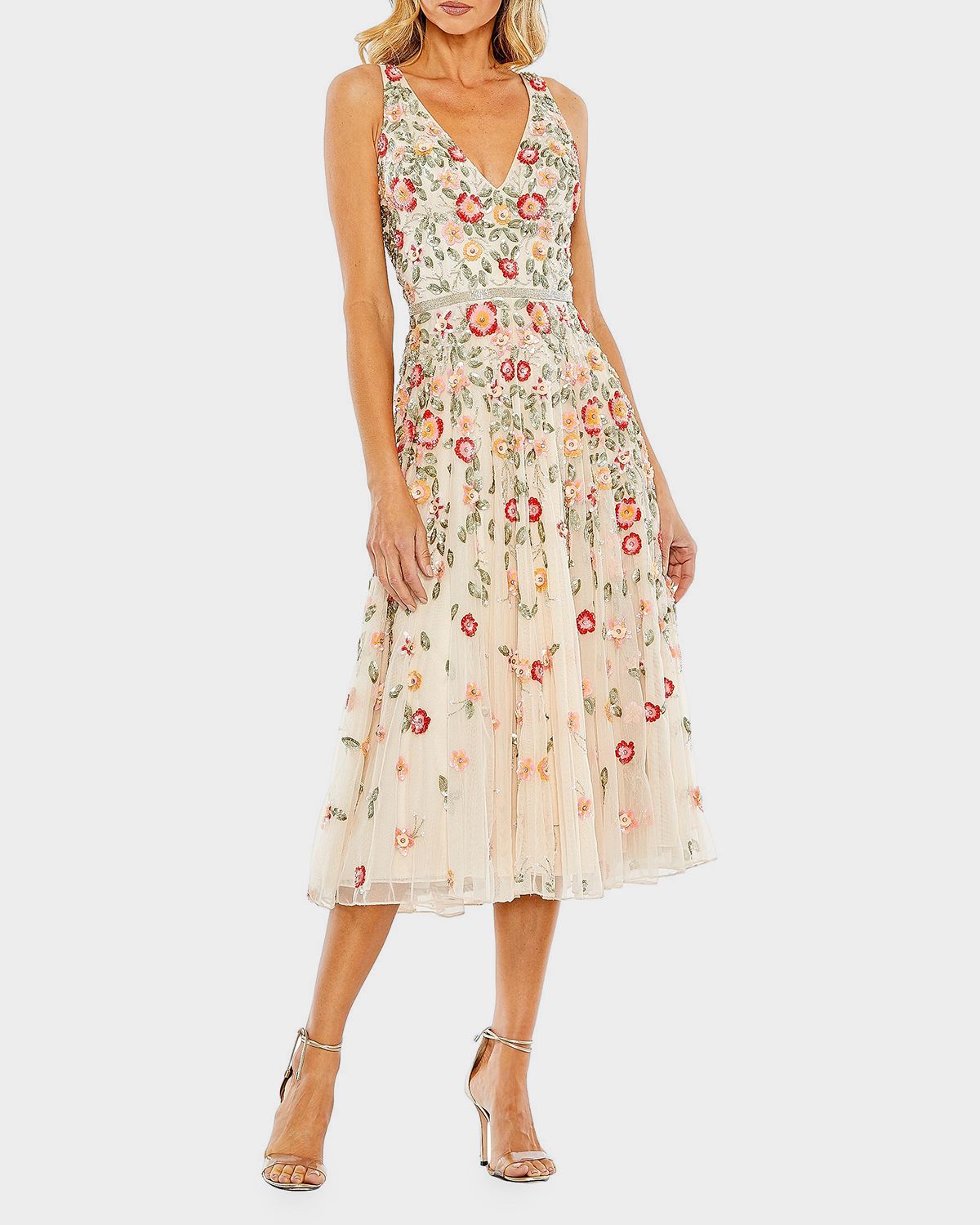 Mac Duggal Cocktail Floral Embroidered V-Neck Midi-Dress