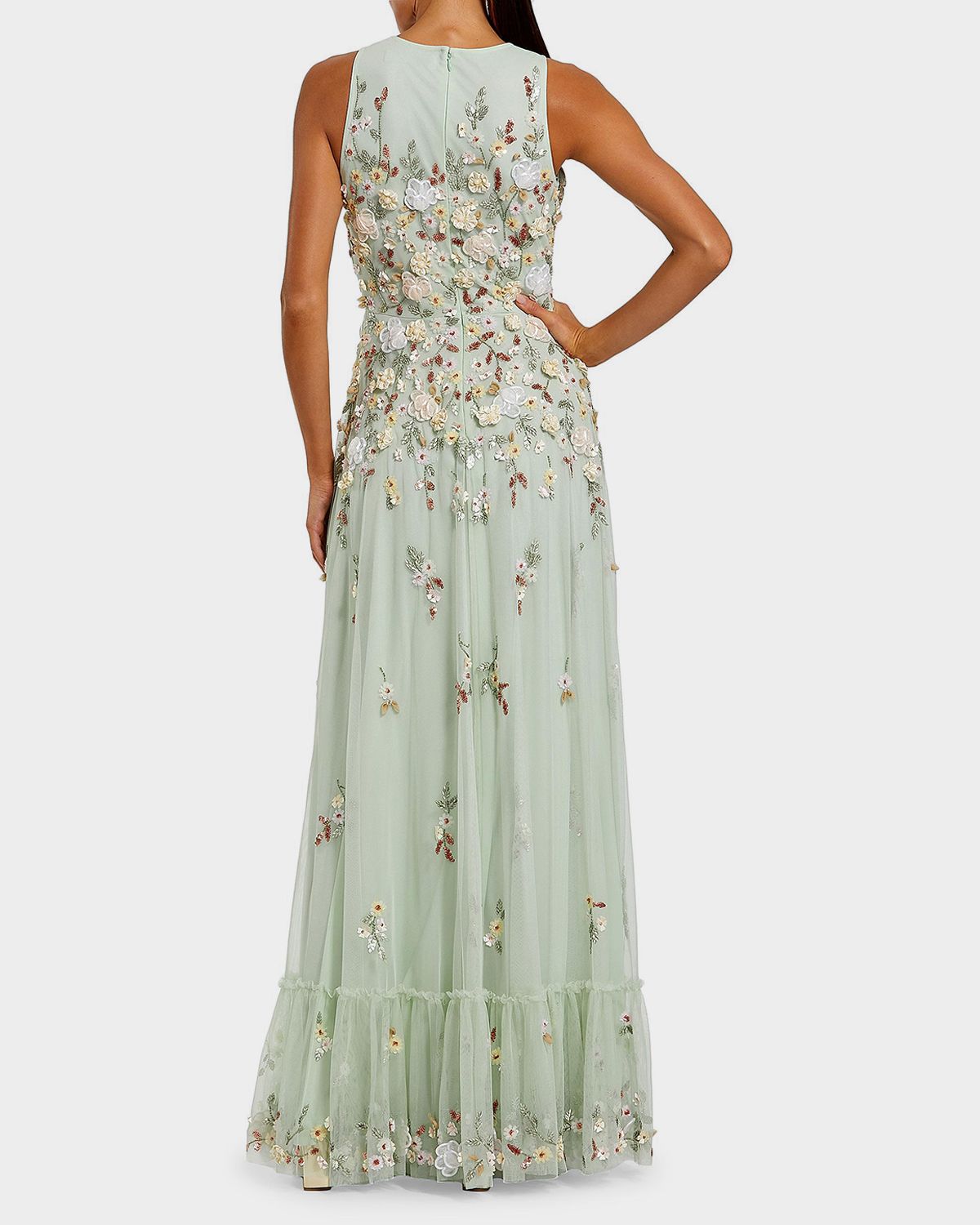 Mac Duggal Evening Floral Embroidered Sleeveless Mesh Gown