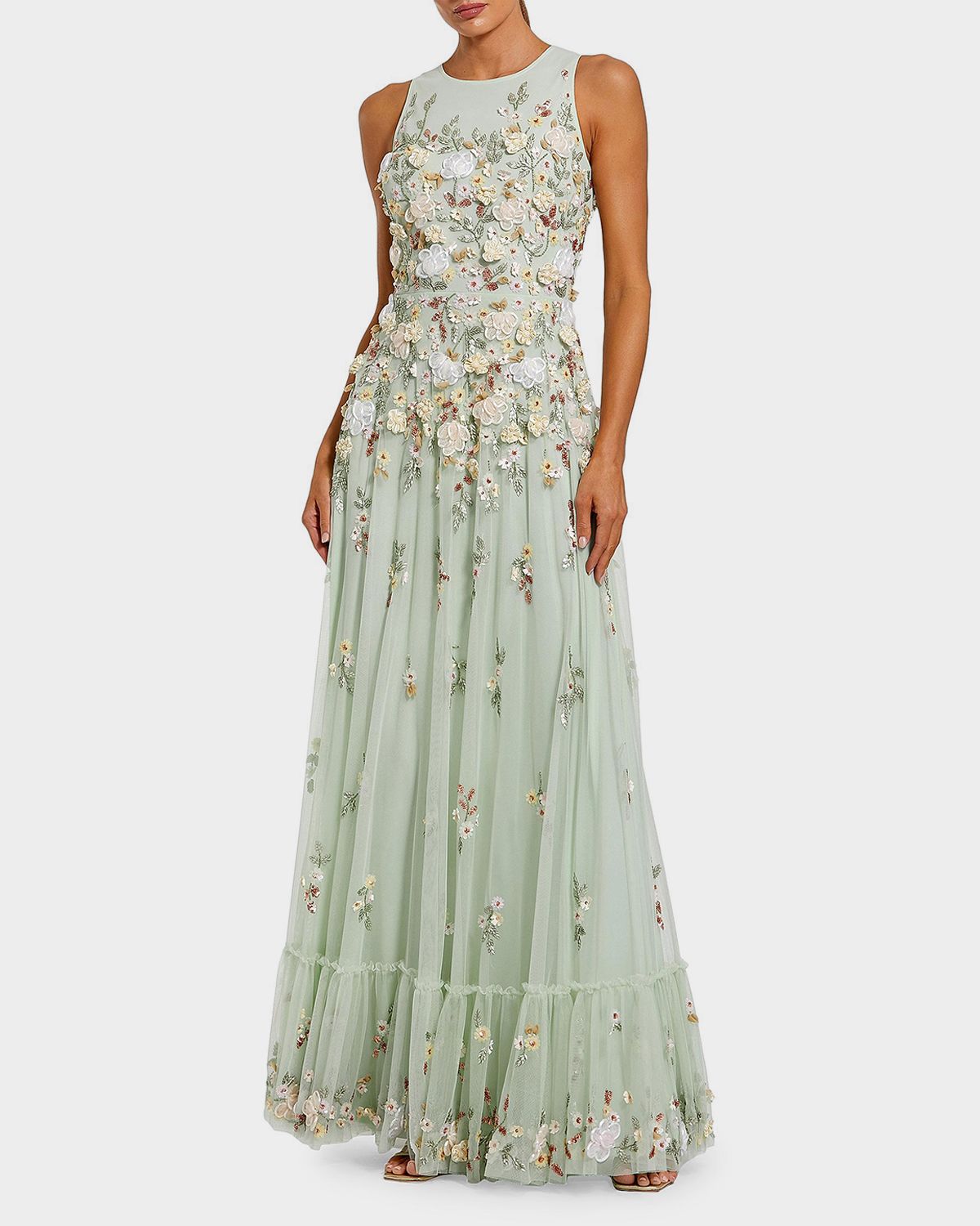 Mac Duggal Evening Floral Embroidered Sleeveless Mesh Gown