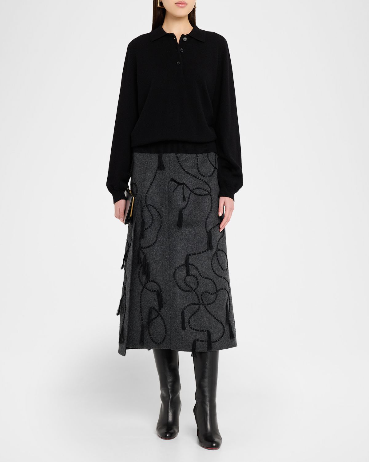 Lafayette 148 New York Tassel Embroidered Wool-Cashmere Midi Skirt