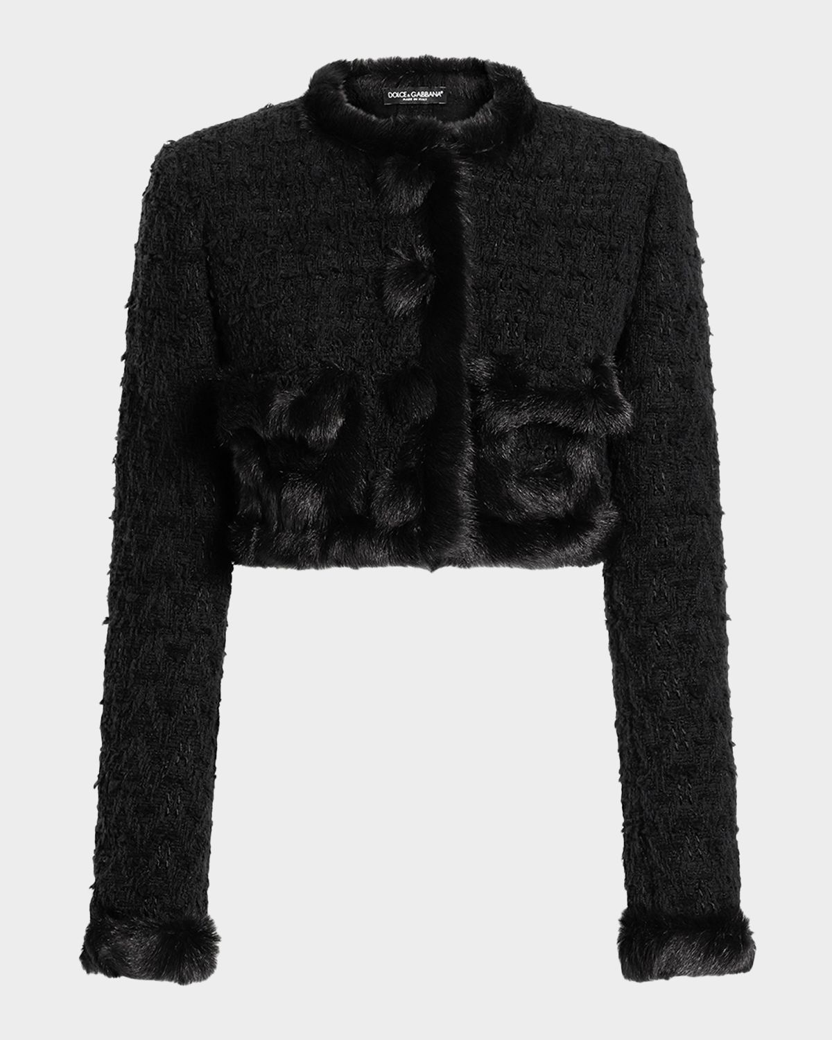 Dolce & Gabbana Faux Fur Trim Tweed Crop Jacket
