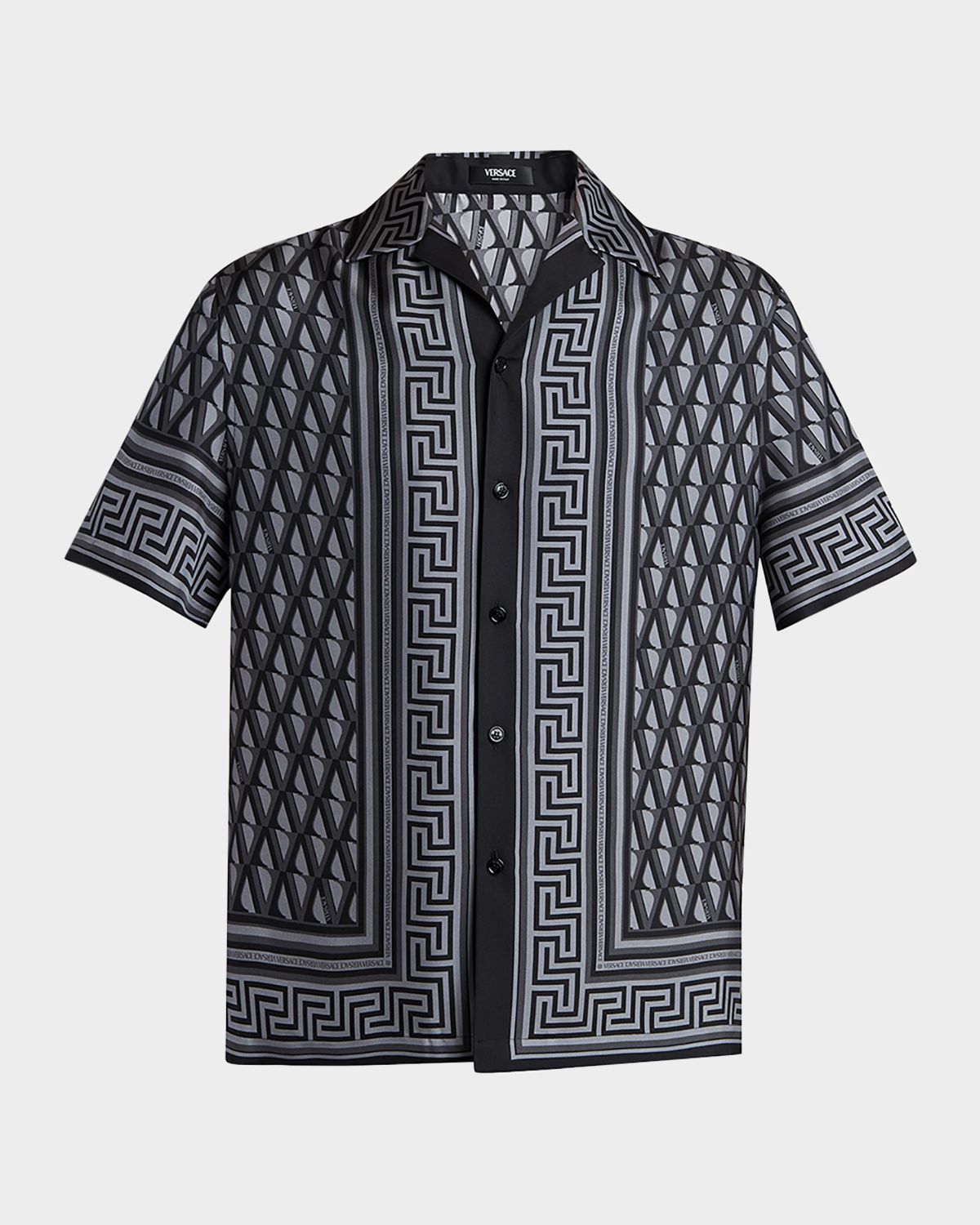 Versace Men 's Silk Monogram Greca-Trim Bowling Shirt