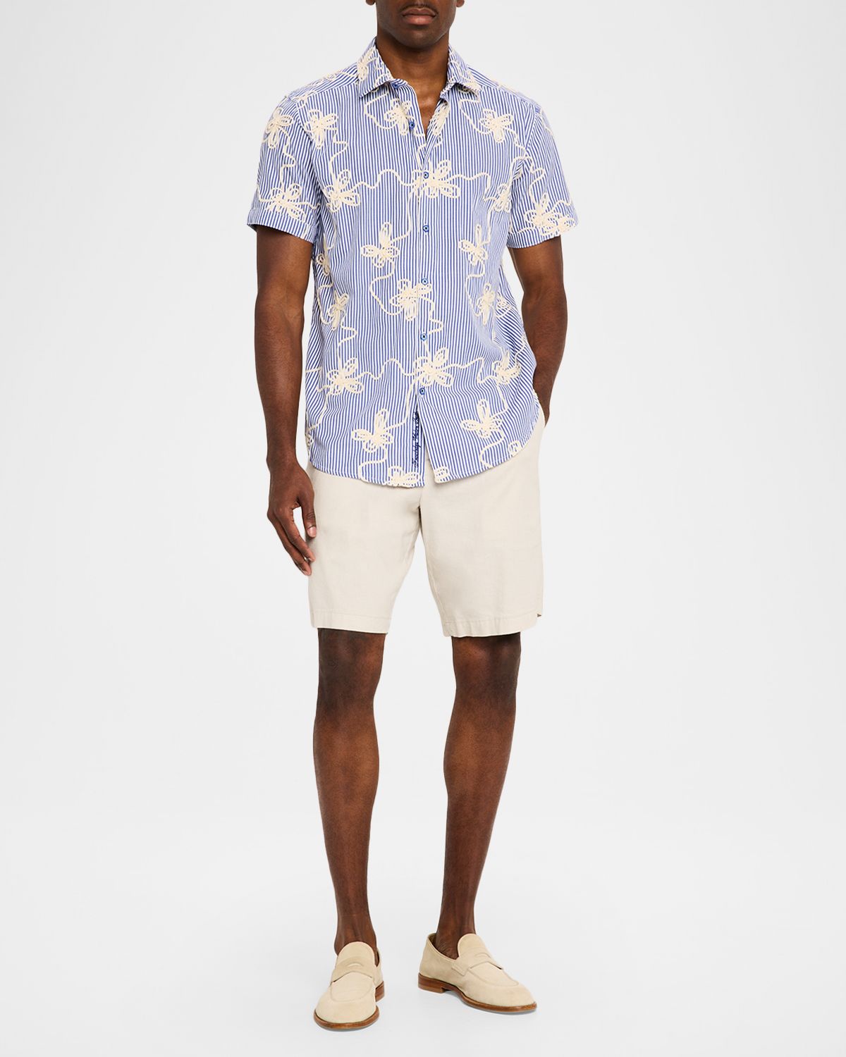 Robert Graham Men 's Primrose Stripe Cotton Floral-Embroidered Short-Sleeve Shirt