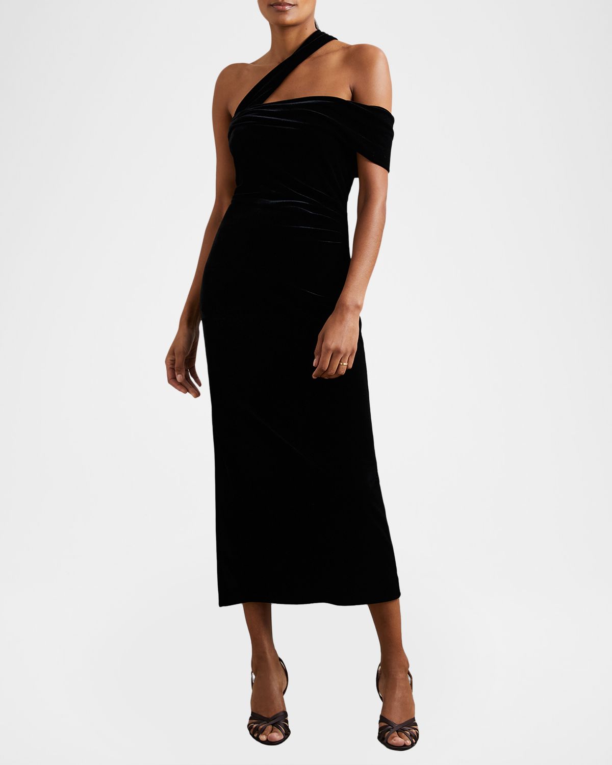 Reiss Dalia Velvet One-Shoulder Midi Dress