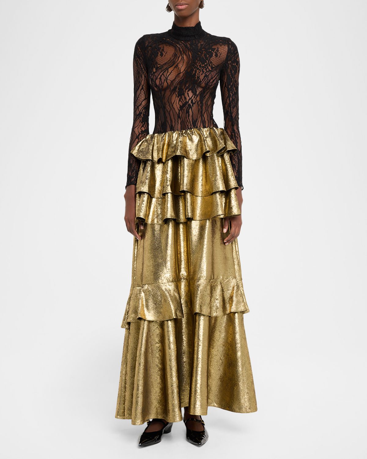 AKNVAS Vilhelmine Metallic Tiered Maxi Skirt