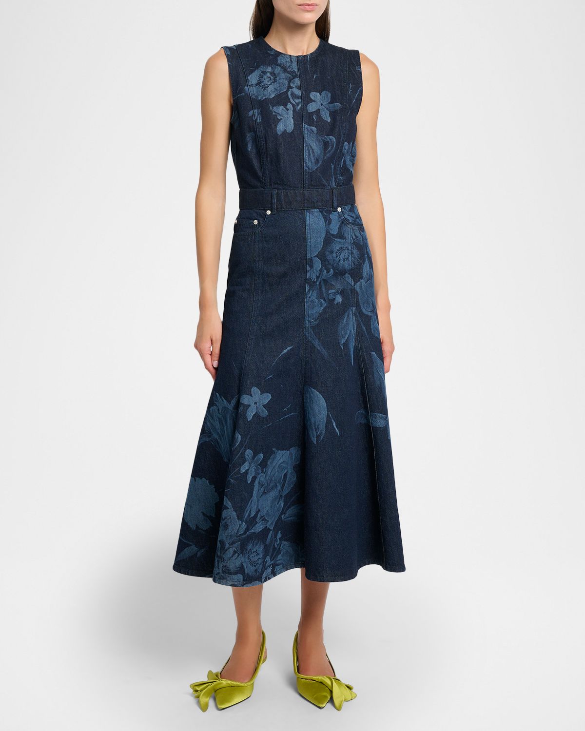Erdem Floral-Print Denim Sleeveless Flute Midi Dress