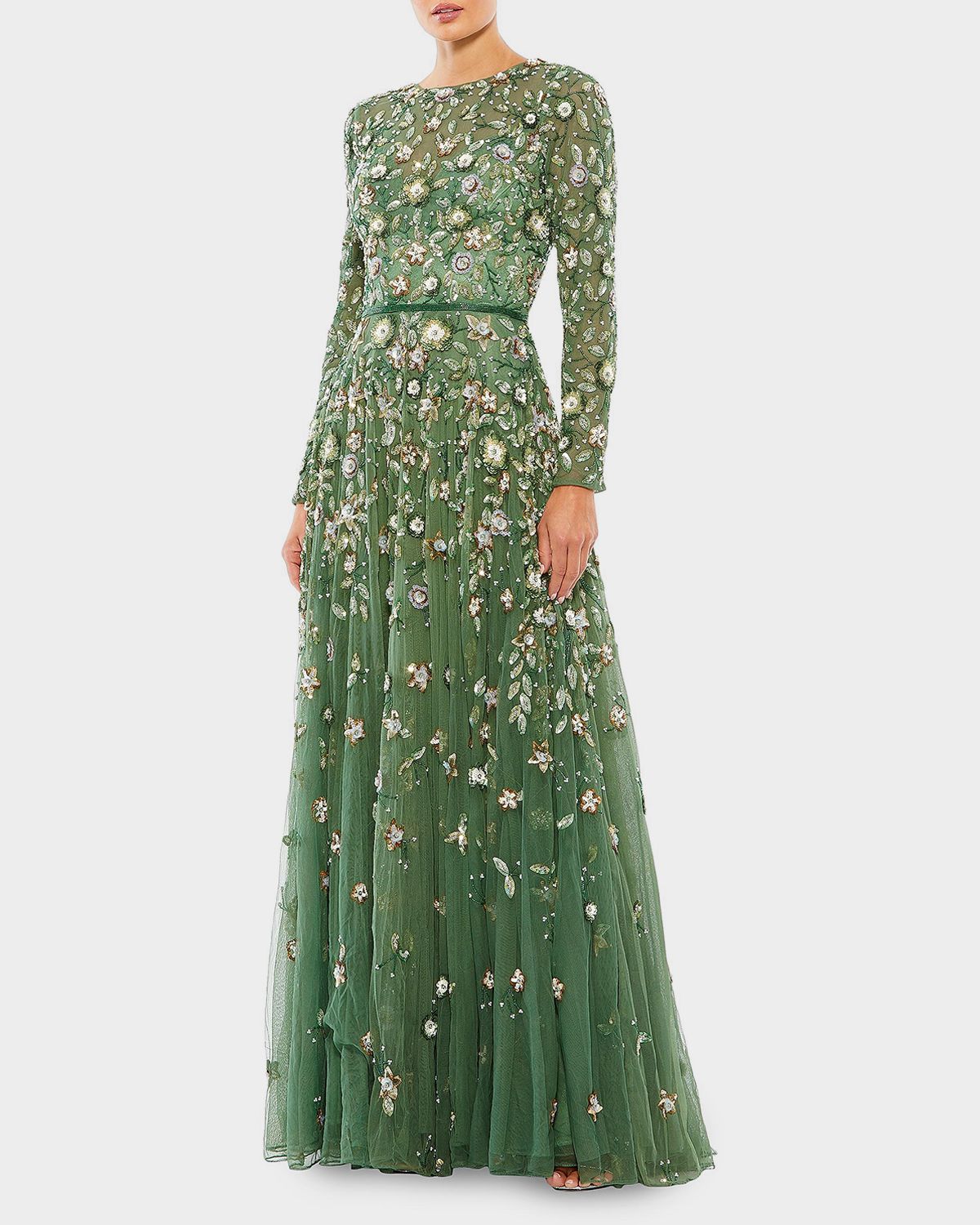 Mac Duggal Sequin Floral Applique A-Line Gown