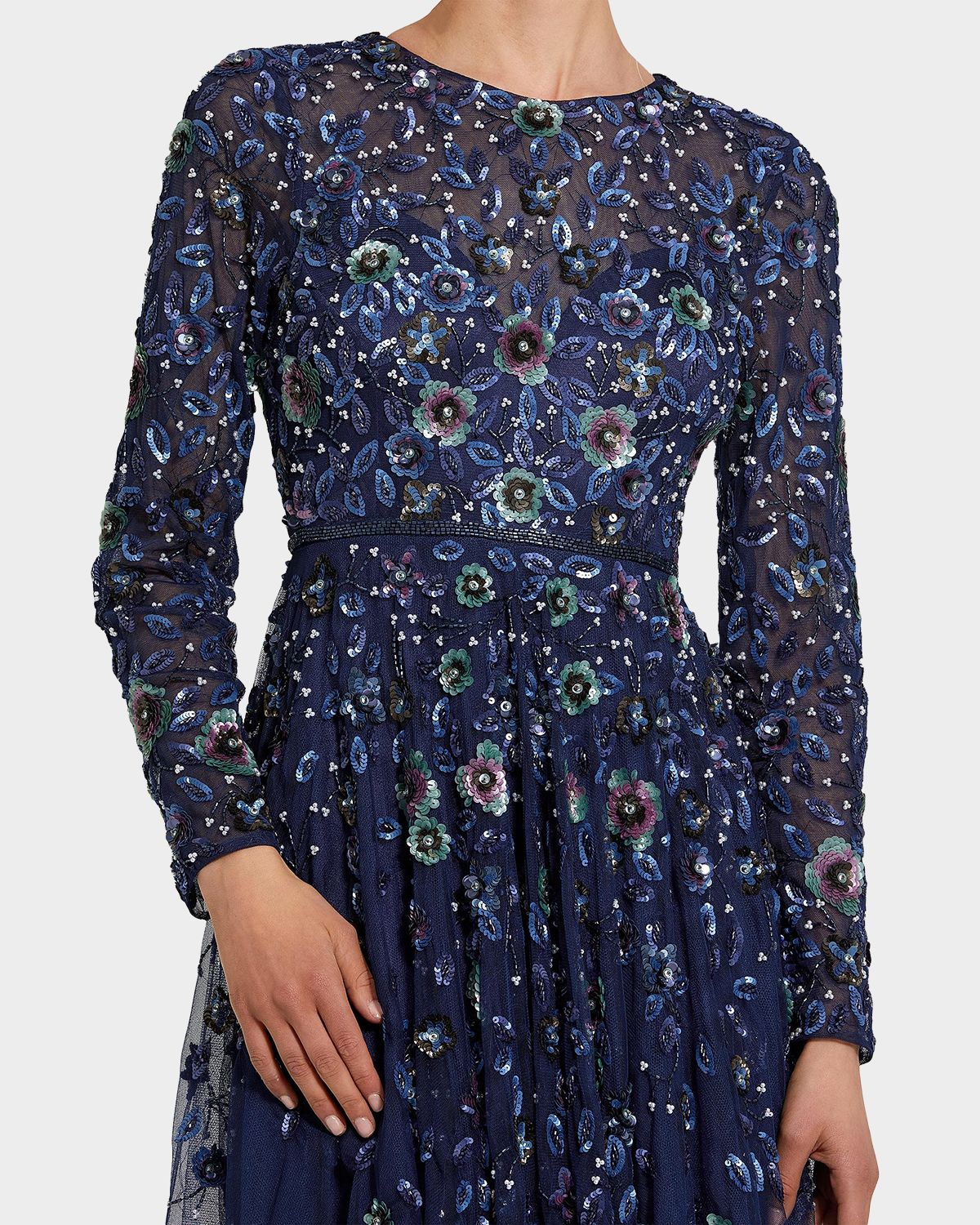 Mac Duggal Sequin Floral Applique A-Line Gown