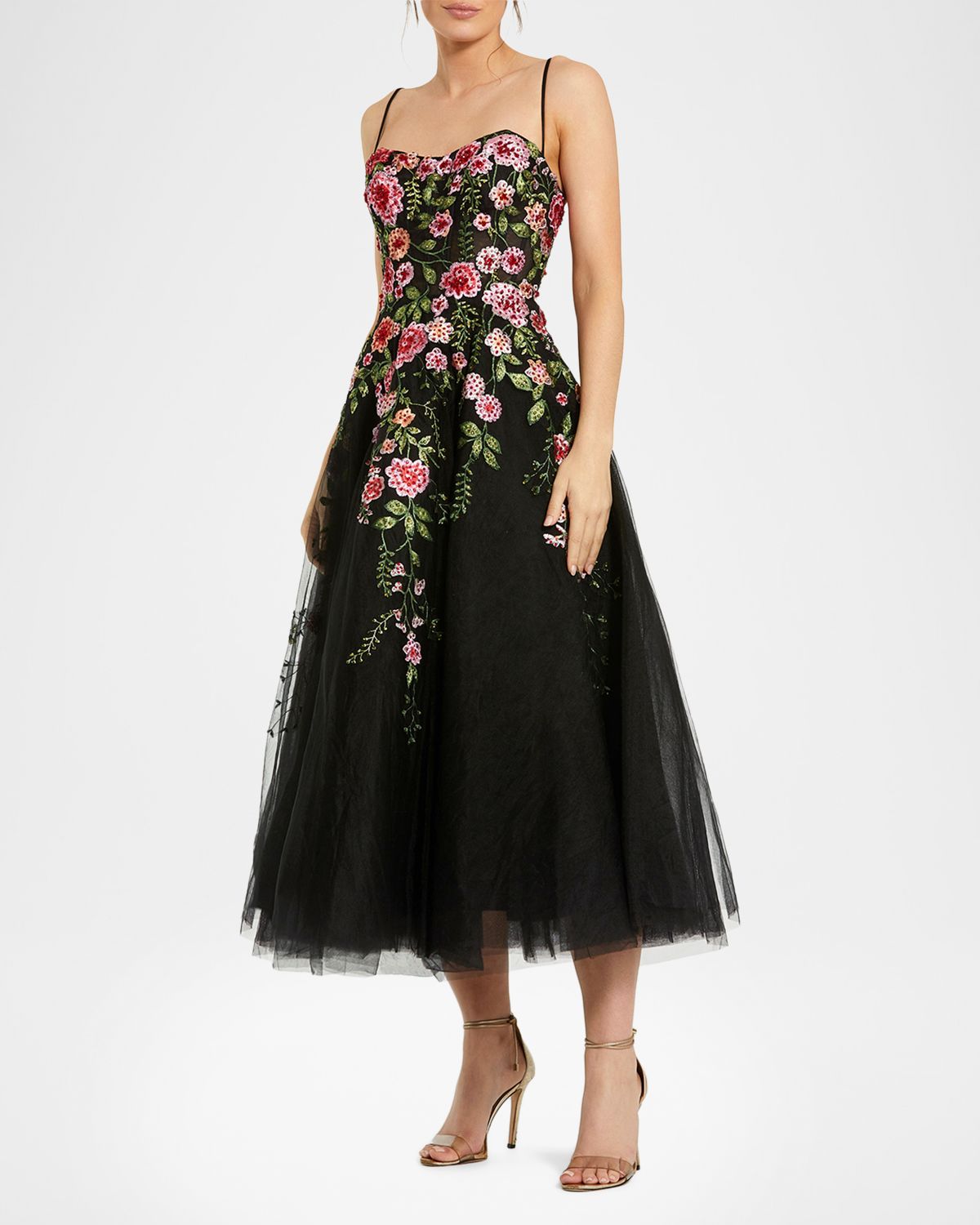 Mac Duggal Floral-Embroidered Tulle Midi Dress | Thumbnail 5