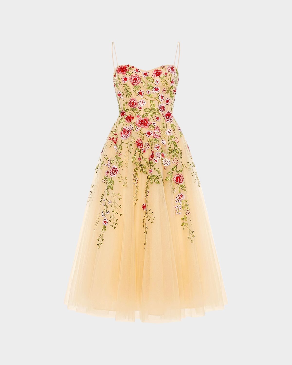 Mac Duggal Floral-Embroidered Tulle Midi Dress