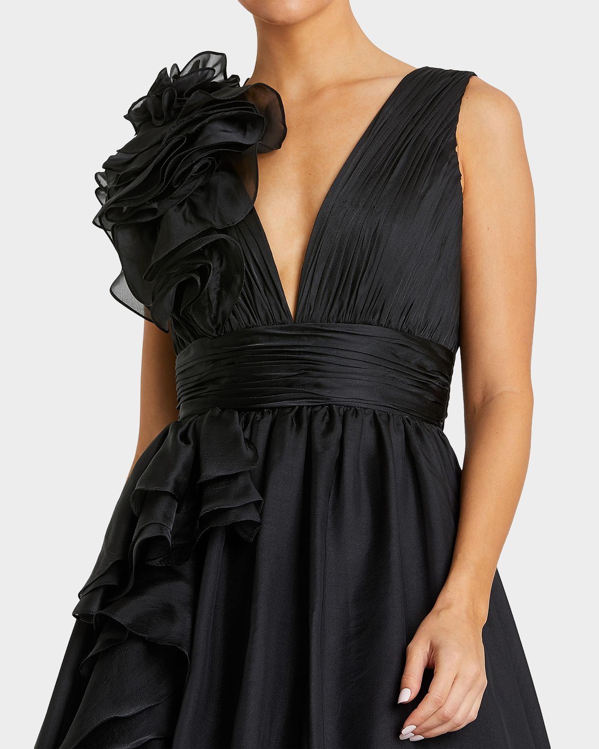 Mac Duggal Sleeveless Deep V-Neck Ruffle Gown