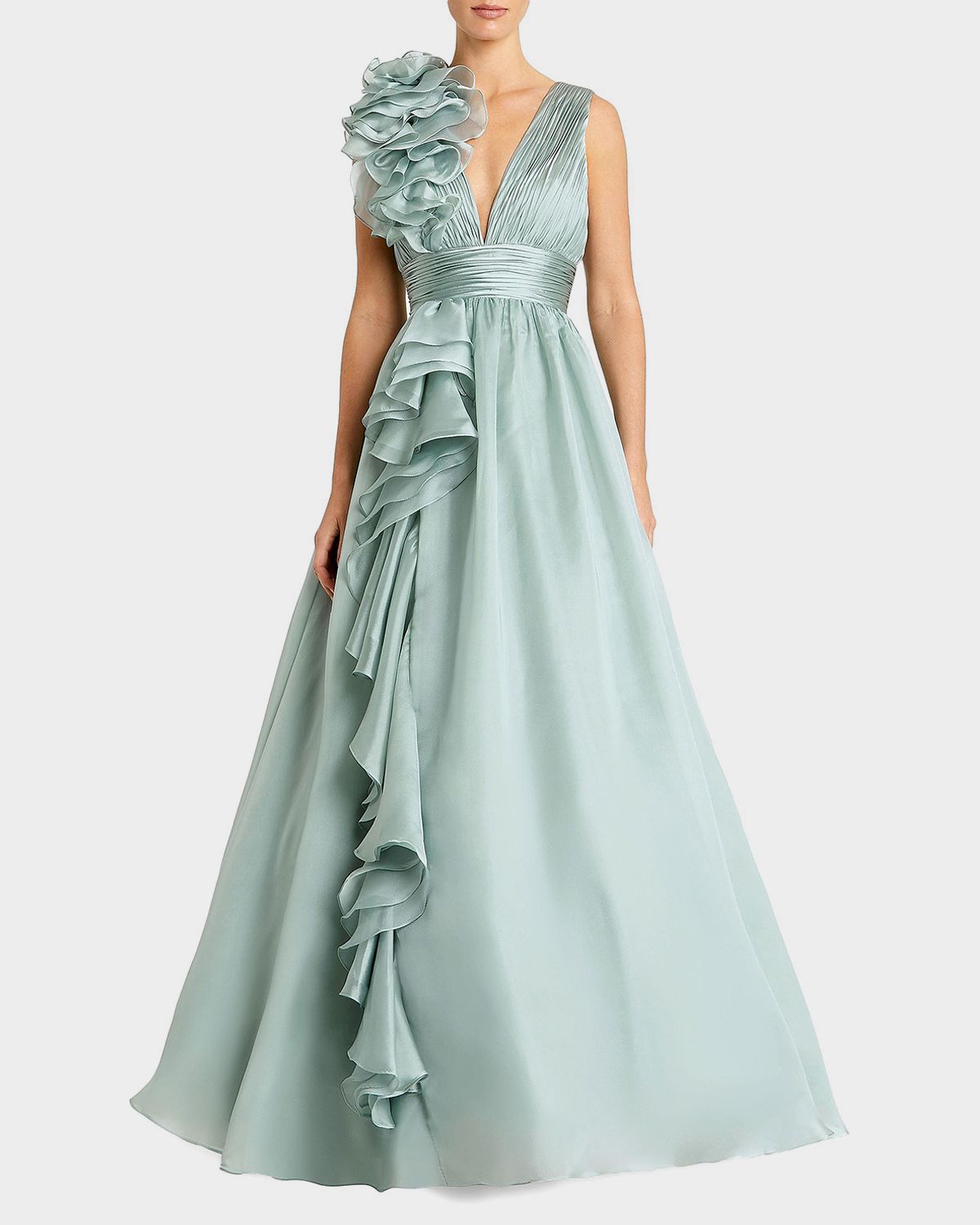 Mac Duggal Sleeveless Deep V-Neck Ruffle Gown