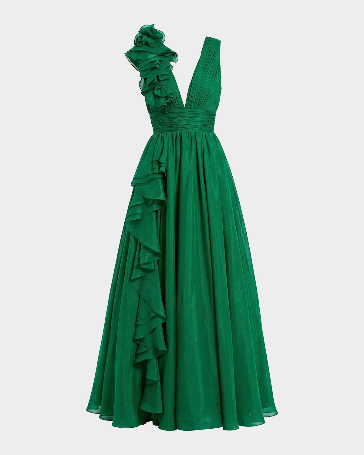 Mac Duggal Sleeveless Deep V-Neck Ruffle Gown
