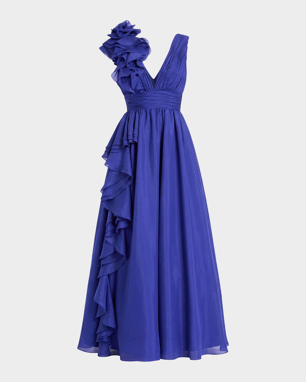 Mac Duggal Sleeveless Deep V-Neck Ruffle Gown