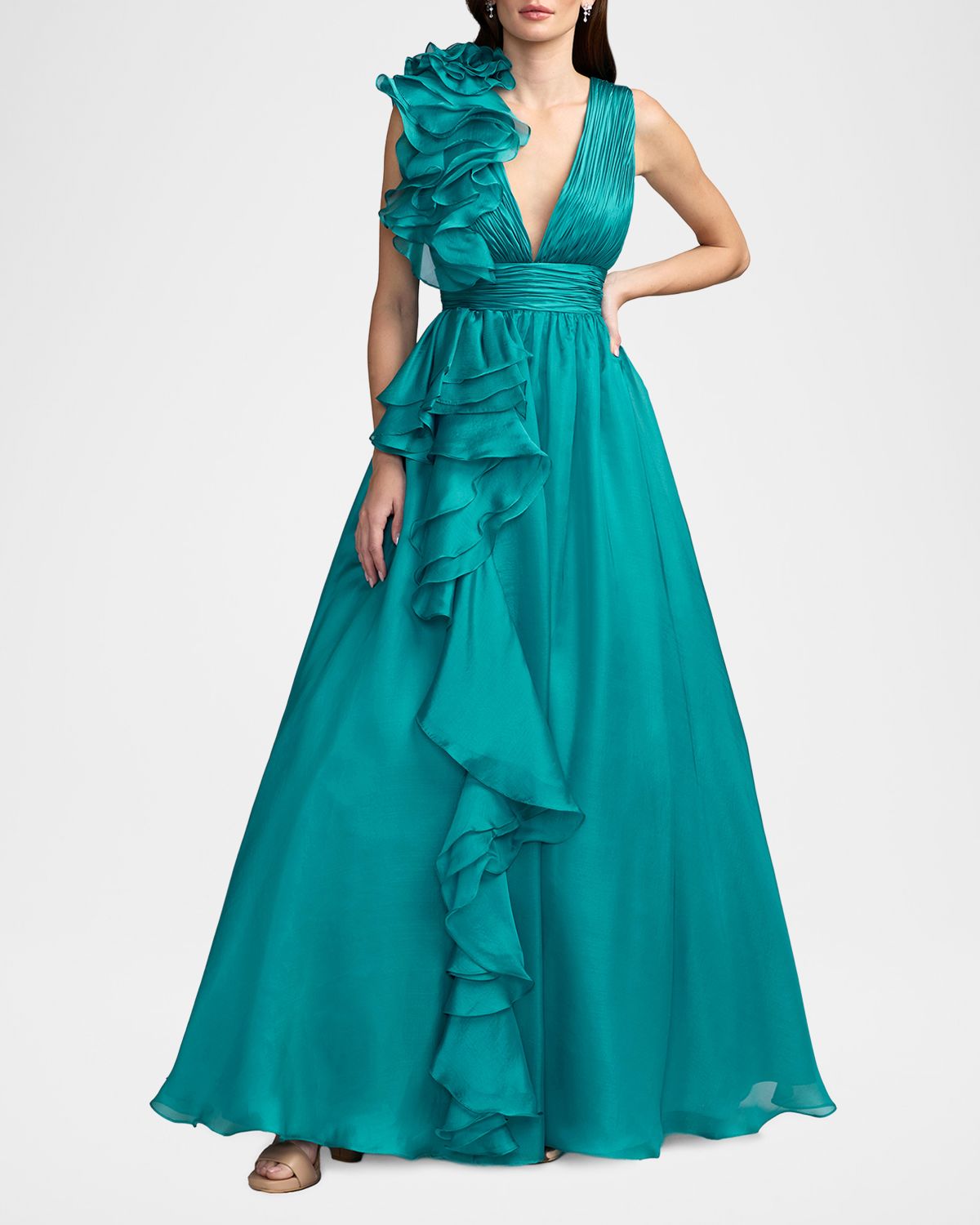 Mac Duggal Sleeveless Deep V-Neck Ruffle Gown | Thumbnail 2