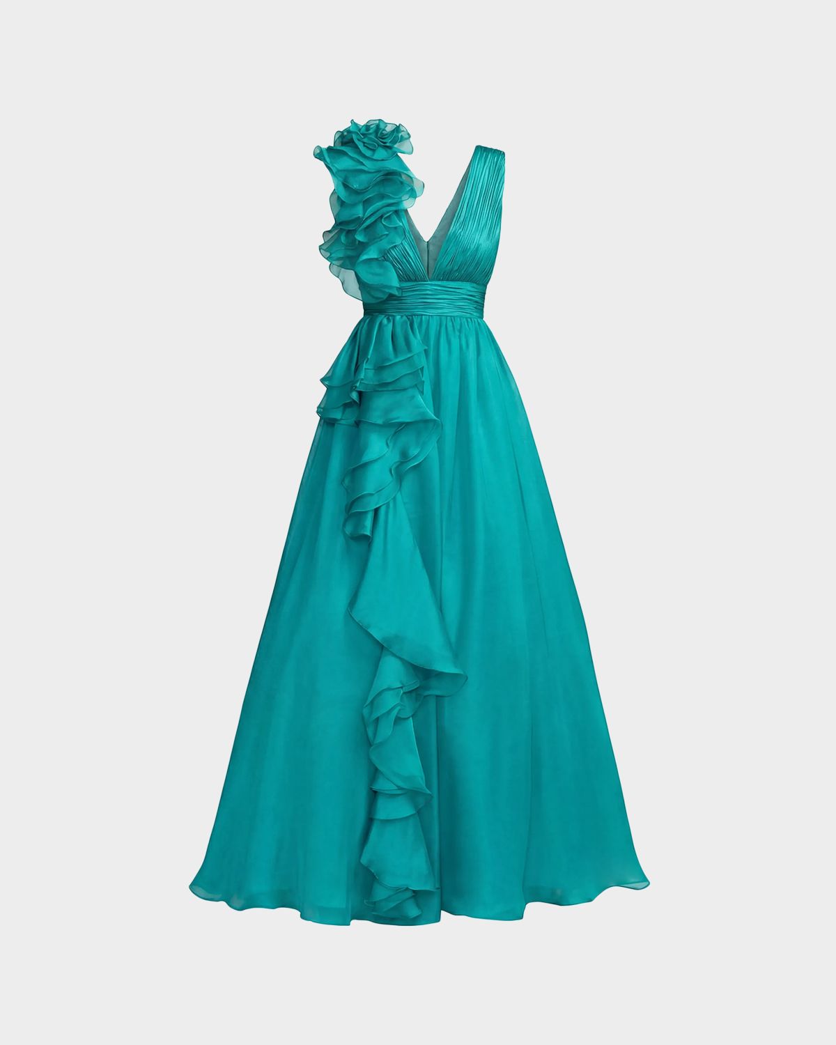 Mac Duggal Sleeveless Deep V-Neck Ruffle Gown