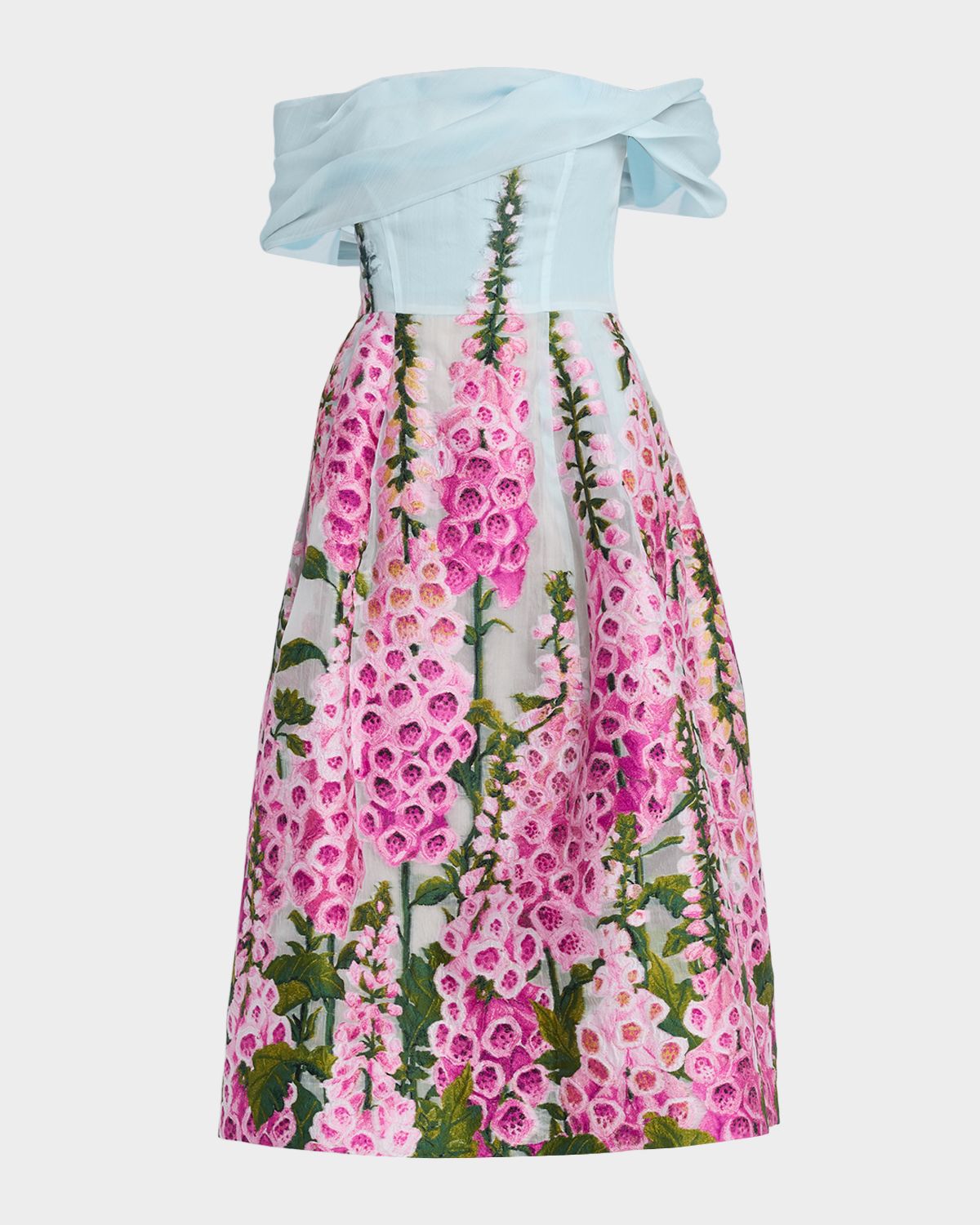 Oscar de la Renta Foxglove Ombre Organza Off-The-Shoulder Tea-Length Dress