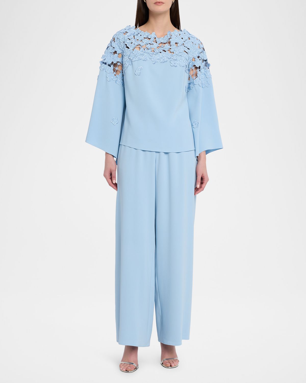 Oscar de la Renta Floral Embroidered Stretch Silk Bell-Sleeve Blouse