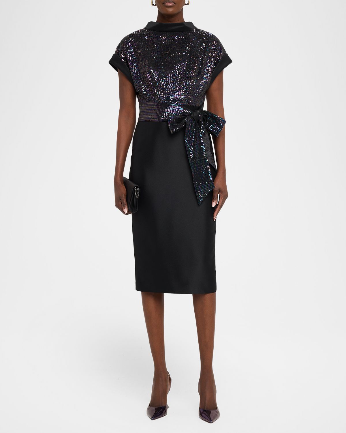 Badgley Mischka Sequin & Mikado Midi Sheath Dress