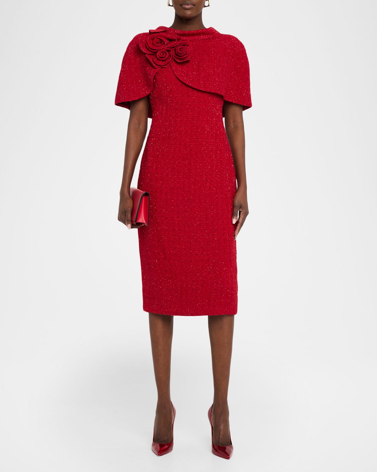 Badgley Mischka Shimmer Boucle Cape Midi Dress