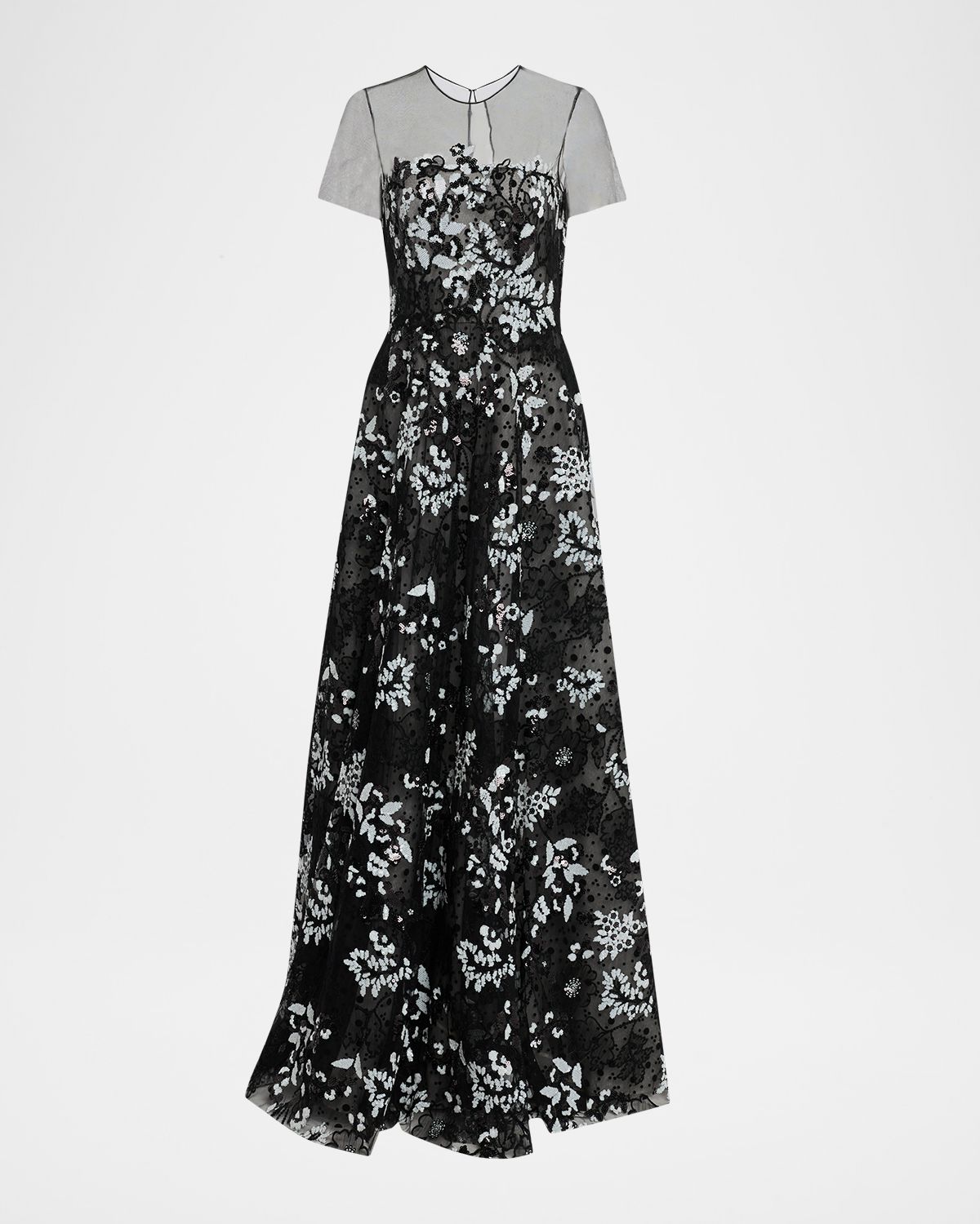 Naeem Khan Illusion Neckline Floral Embroidered Gown