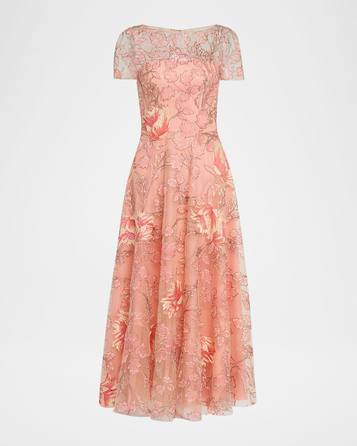 Naeem Khan Metallic Floral Embroidered Short-Sleeve Illusion Midi Dress