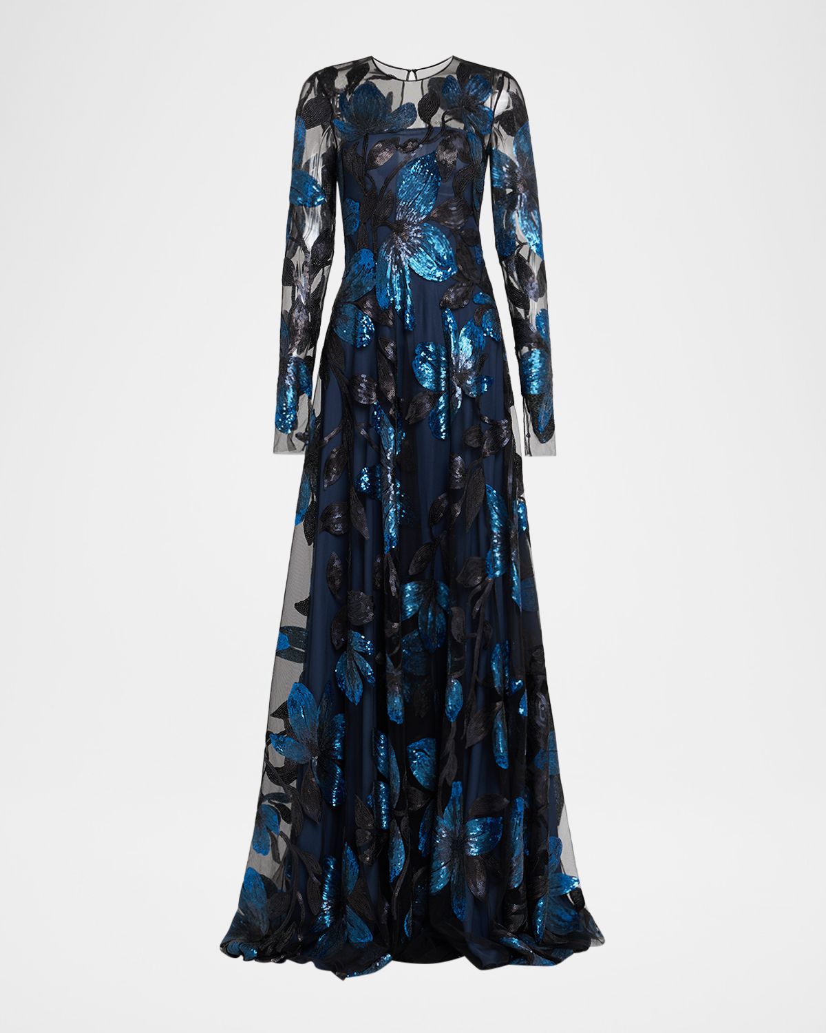 Naeem Khan Long-Sleeve Sequin Floral Embroidered Gown