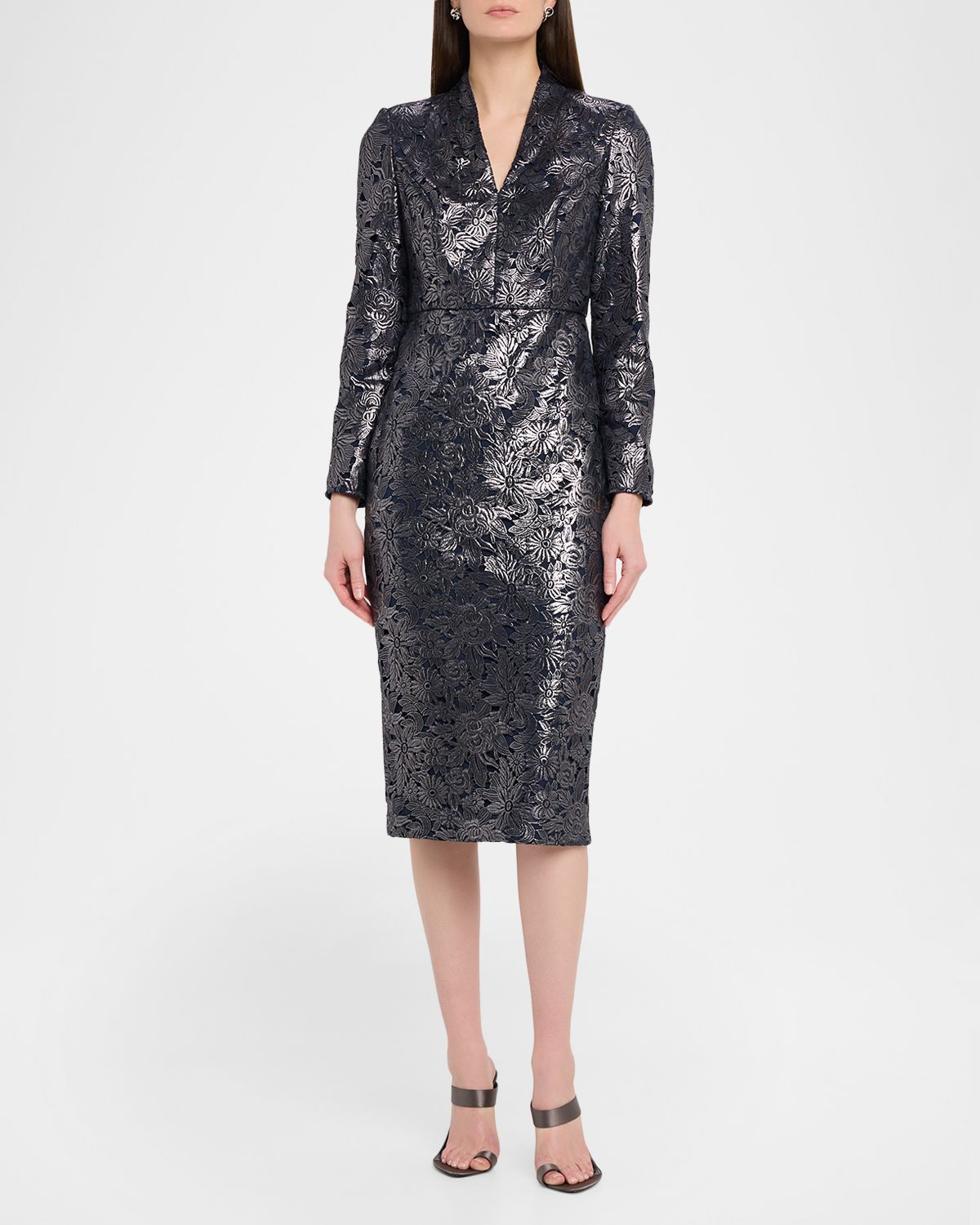 Badgley Mischka Metallic Floral Lace Midi Sheath Dress