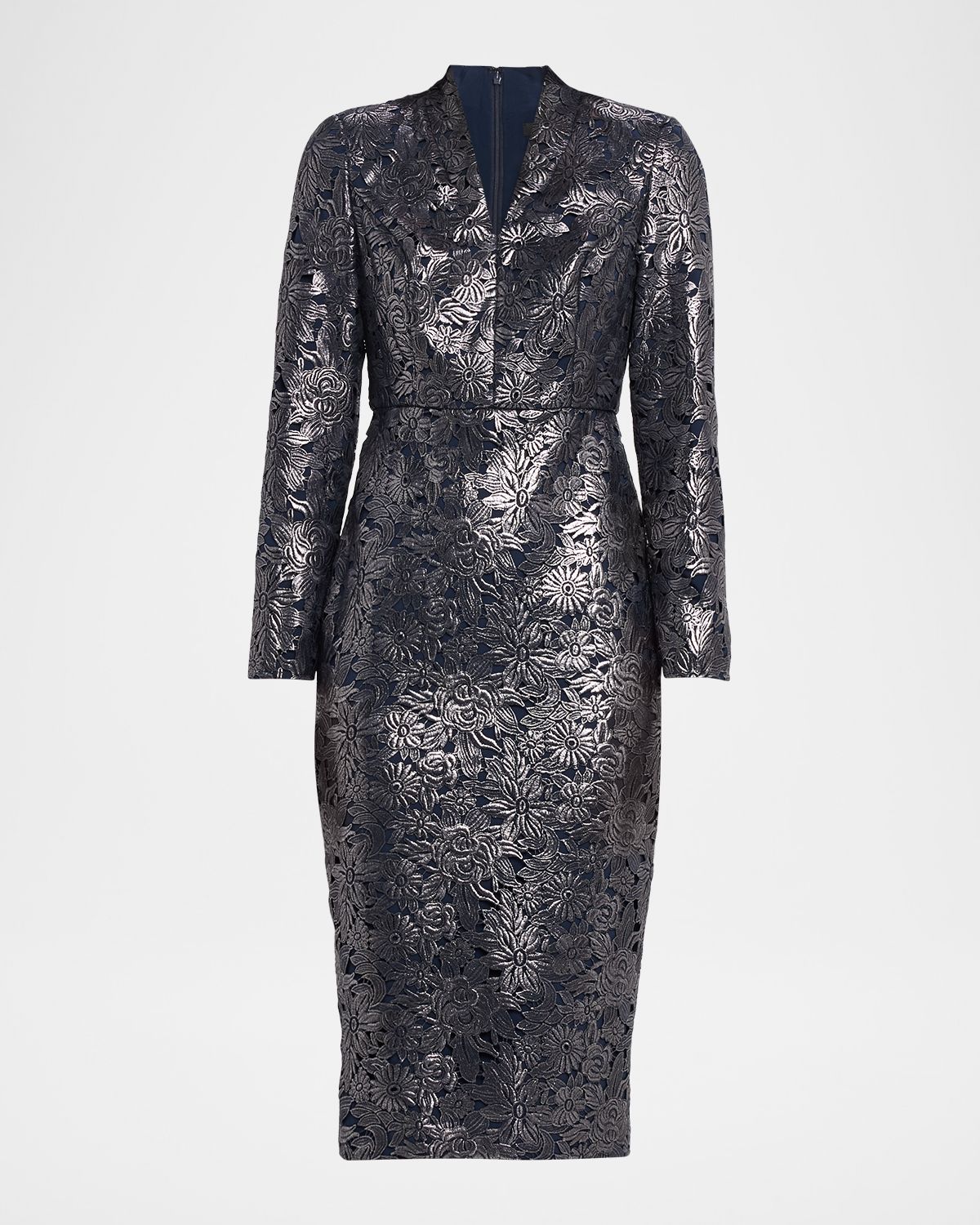 Badgley Mischka Metallic Floral Lace Midi Sheath Dress
