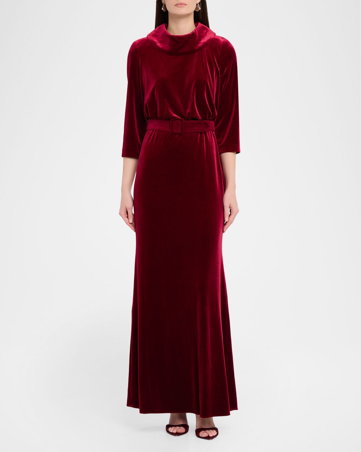Badgley Mischka Belted Funnel-Neck Velvet Gown