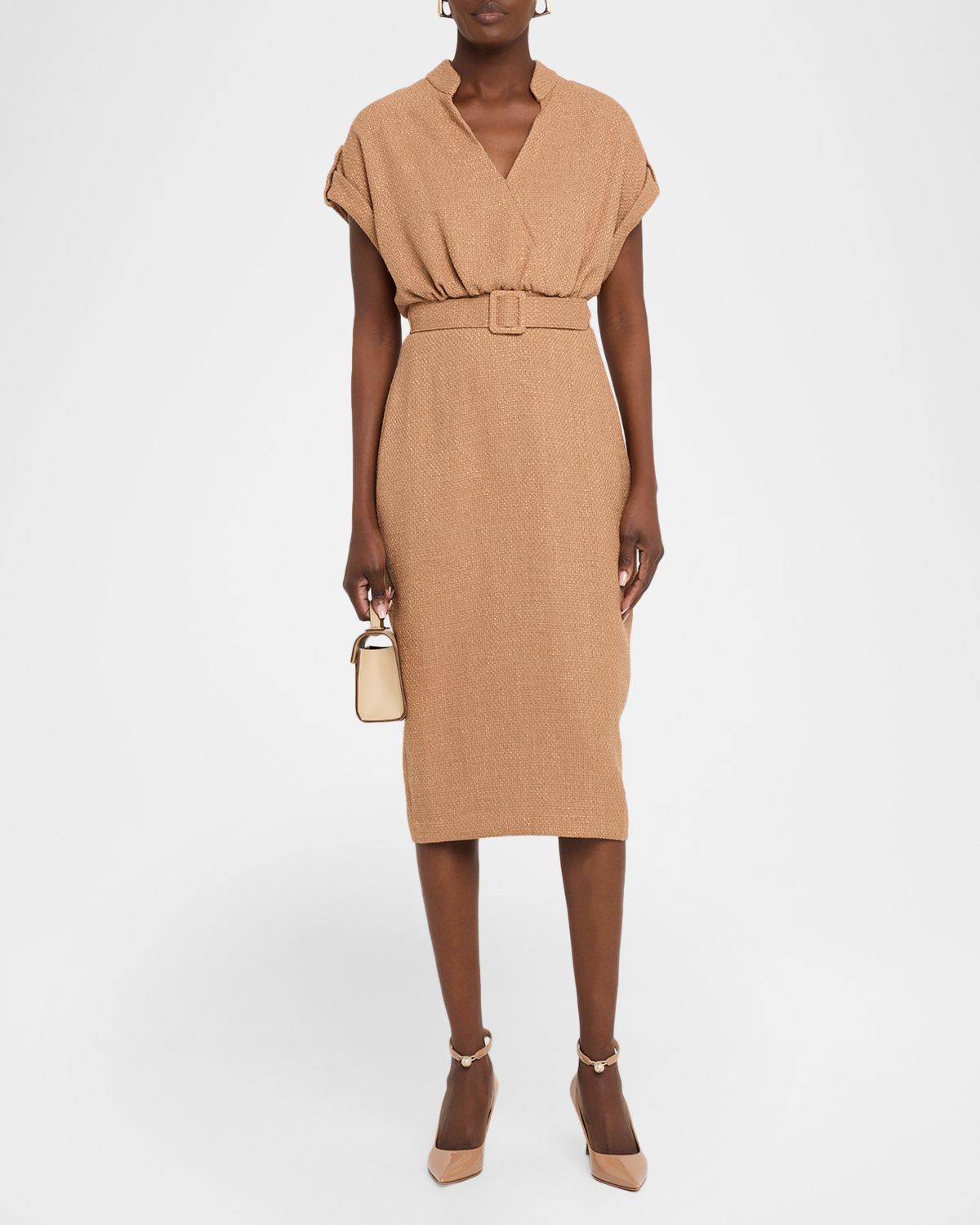 Badgley Mischka Belted Bodycon Tweed Midi Dress