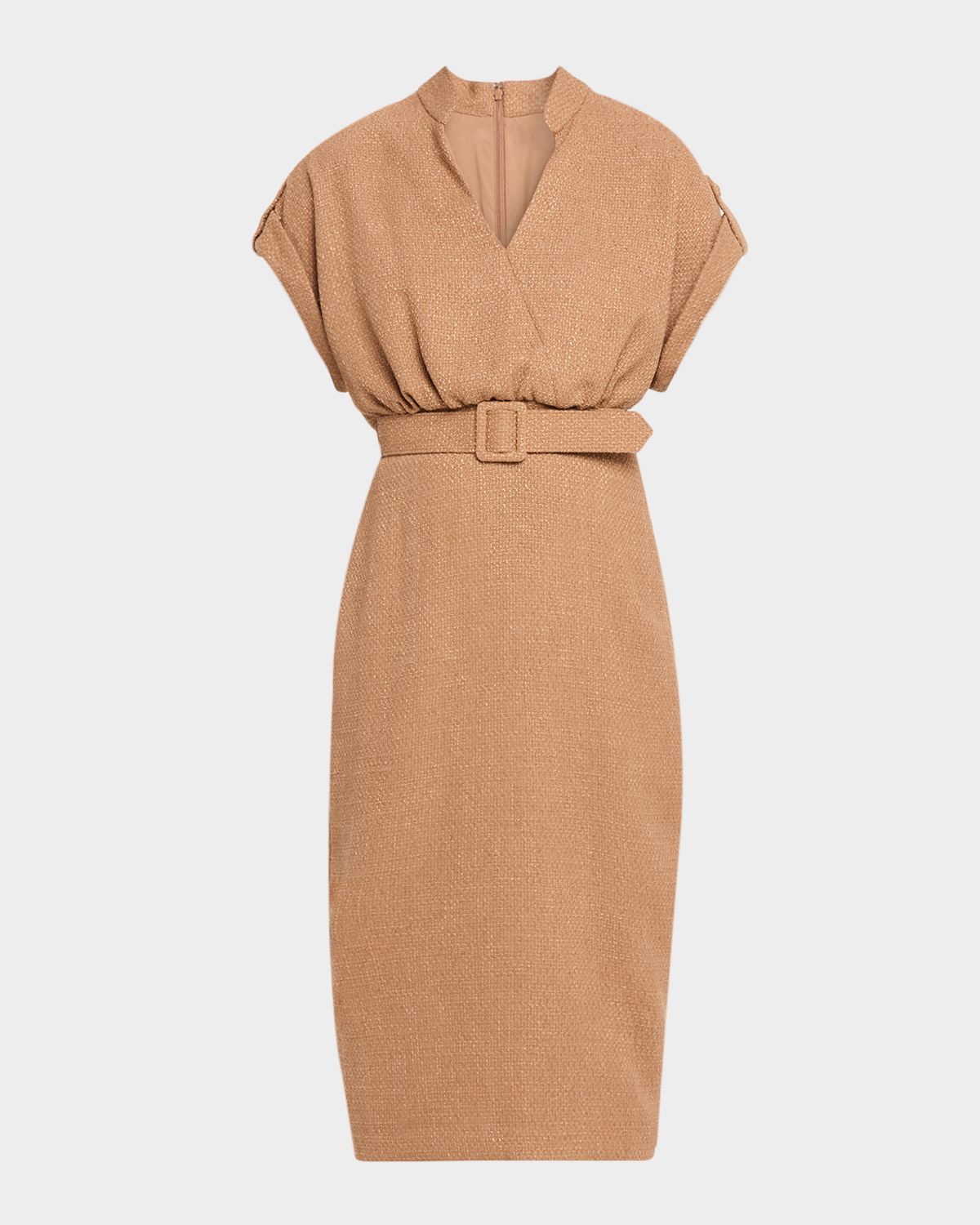 Badgley Mischka Belted Bodycon Tweed Midi Dress