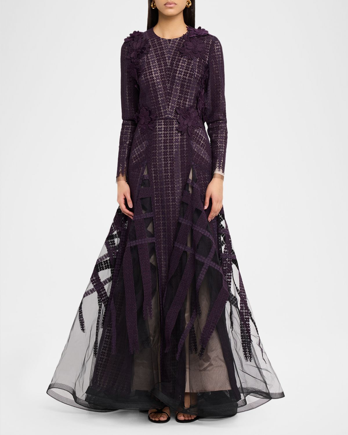 Bibhu Mohapatra Flocked Floral Lace Long-Sleeve Godet Gown | Thumbnail 5 Bibhu Mohapatra Flocked Floral Lace Long-Sleeve Godet Gown | Thumbnail 5