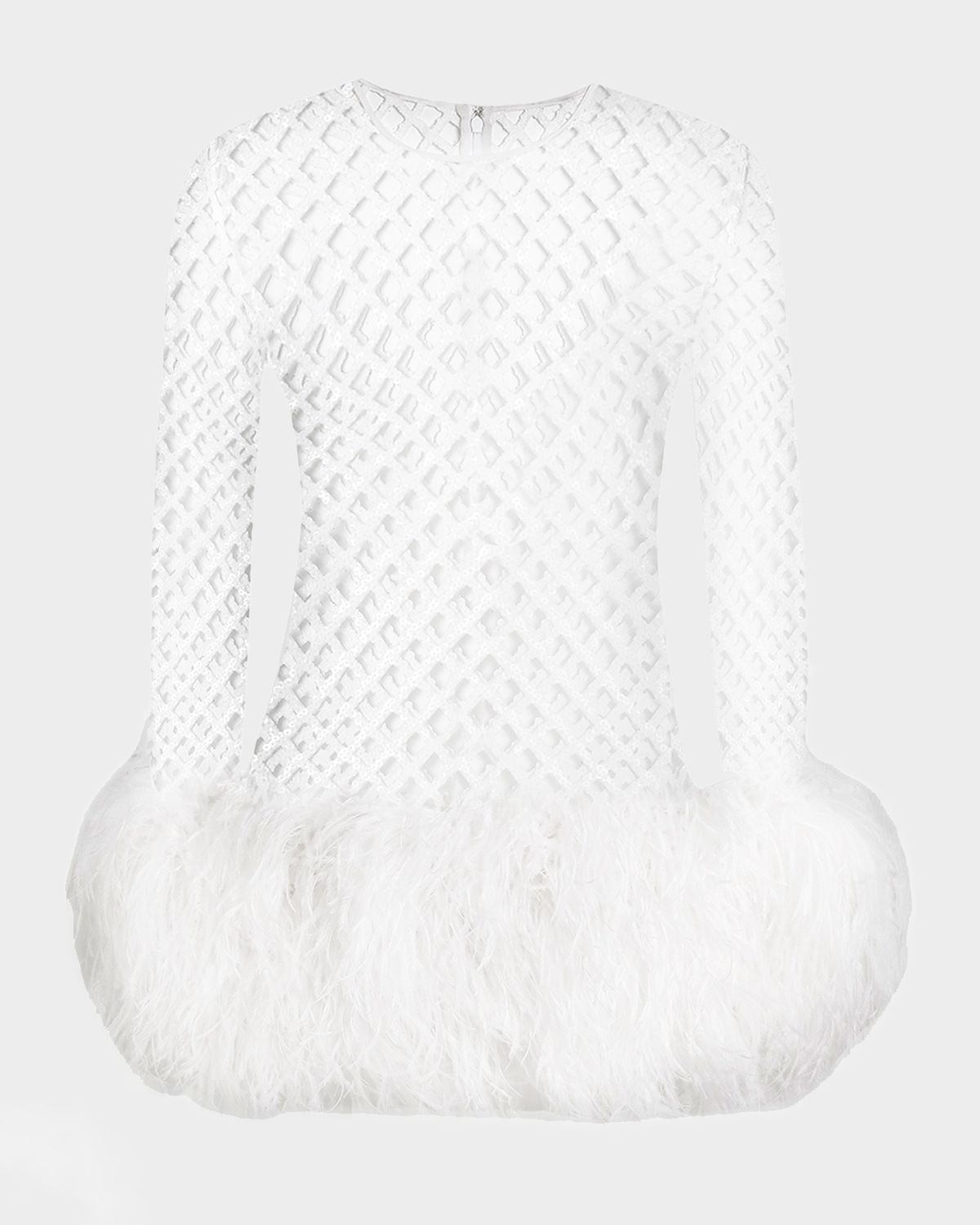 Dolce & Gabbana Feather-Trim Sequined Fishnet Long-Sleeve Mini Dress