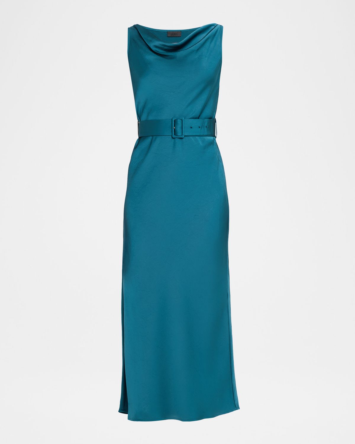 LAPOINTE Cowl-Neck Satin Belted Sleeveless Midi Dress