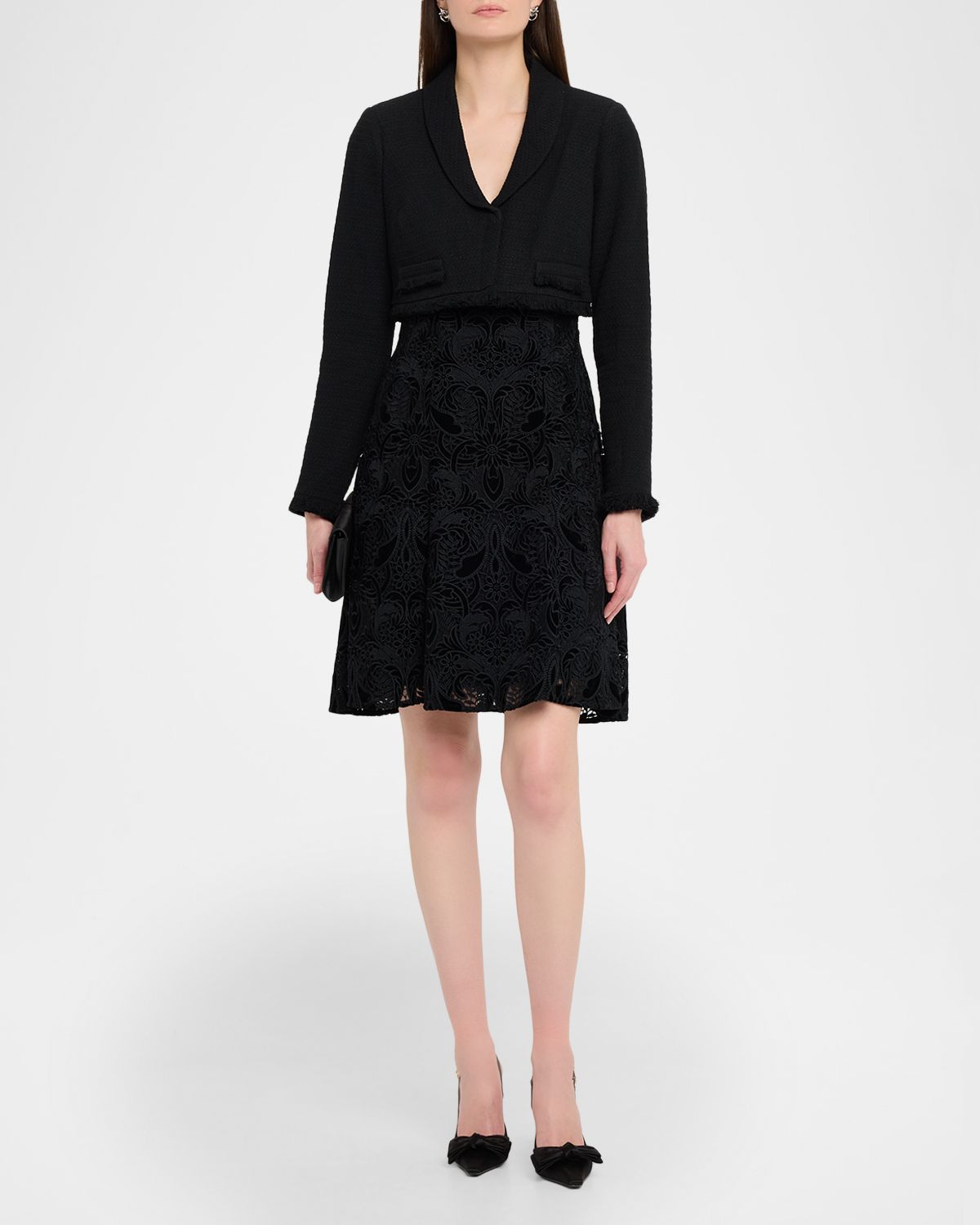 Badgley Mischka Layered Tweed & Velvet Lace Mini Dress