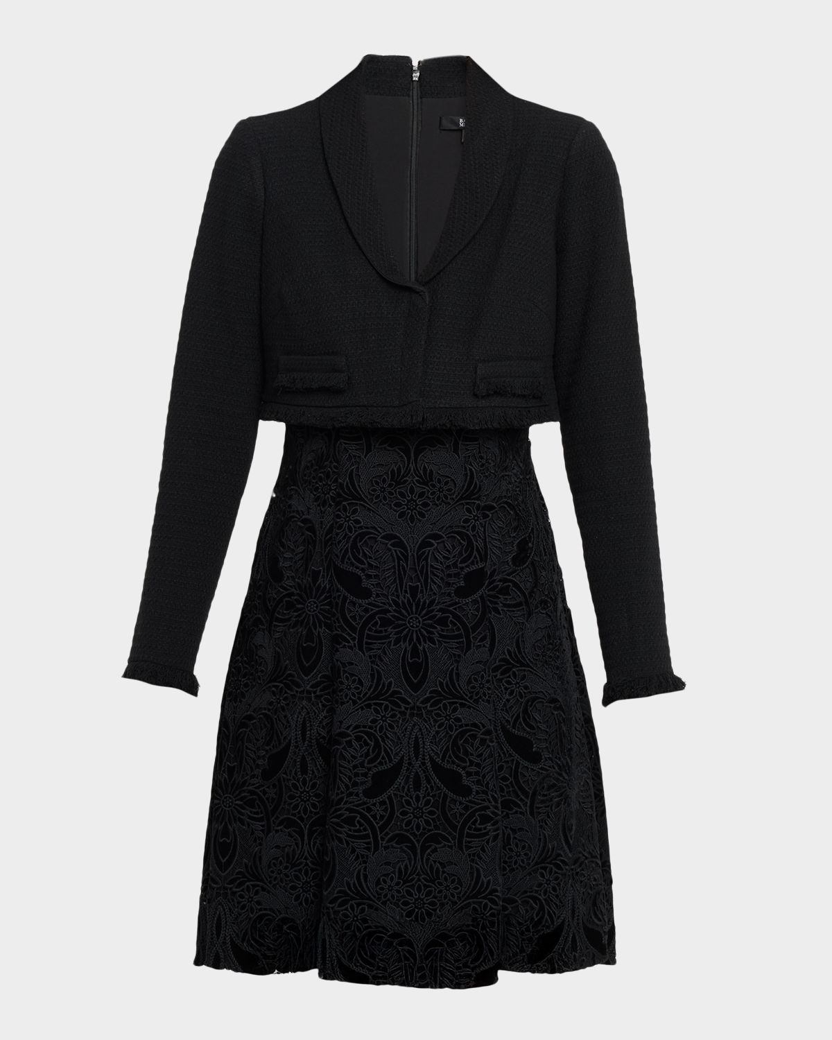 Badgley Mischka Layered Tweed & Velvet Lace Mini Dress