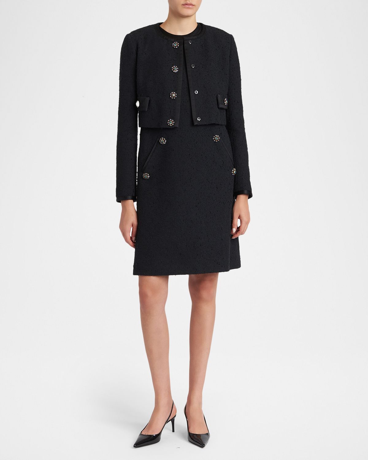 Dolce & Gabbana Crystal Button Boucle Crop Collarless Jacket