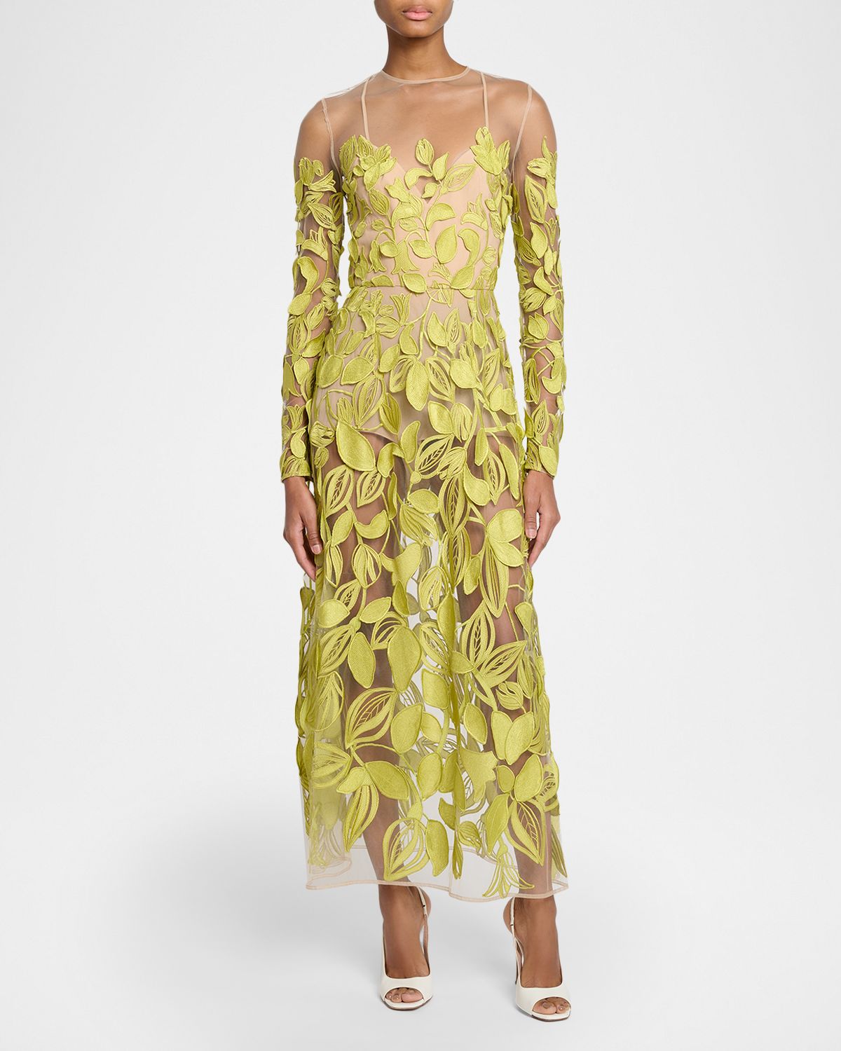 Elie Saab Embroidered Tulle Long-Sleeve Illusion Midi Dress