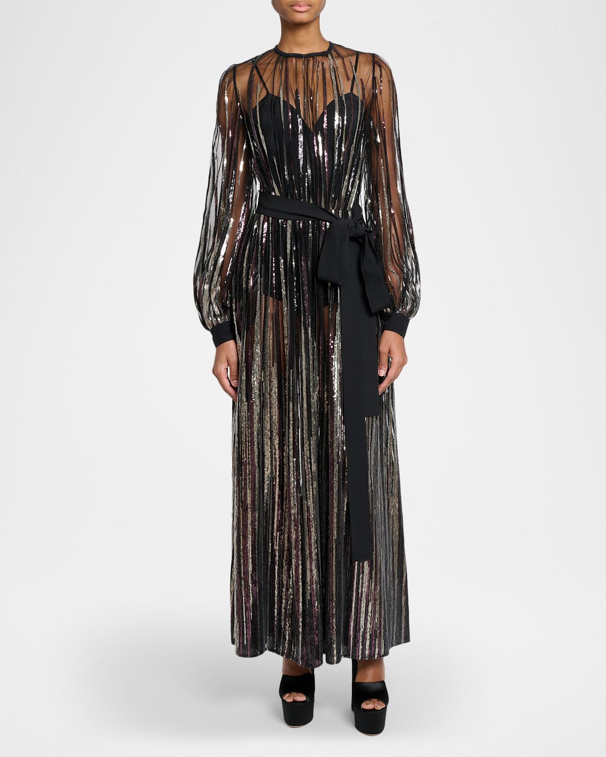 Elie Saab Sequin Embroidered Tulle Long-Sleeve Maxi Dress