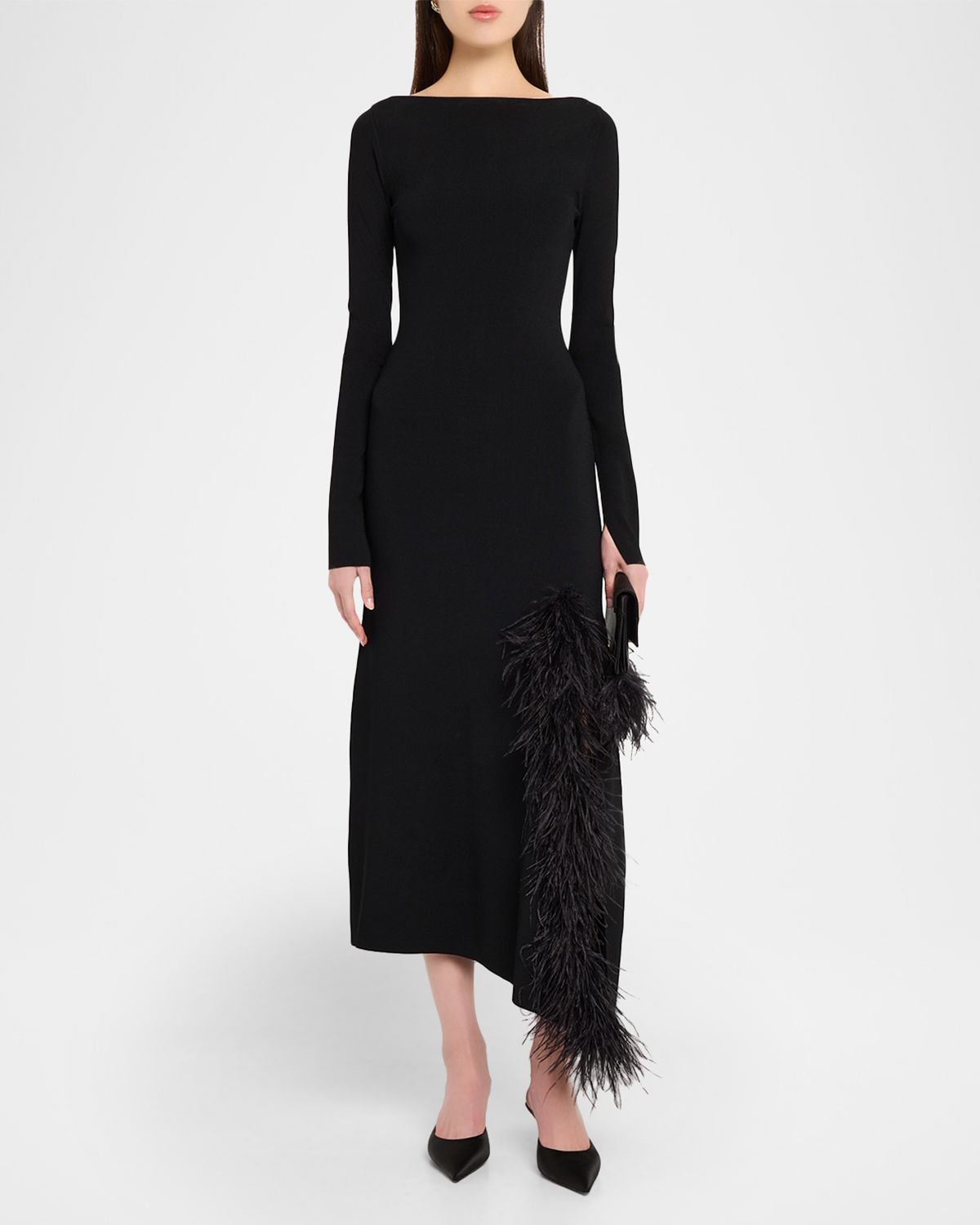 LAPOINTE Feather-Trim Long-Sleeve Matte Viscose Midi Dress