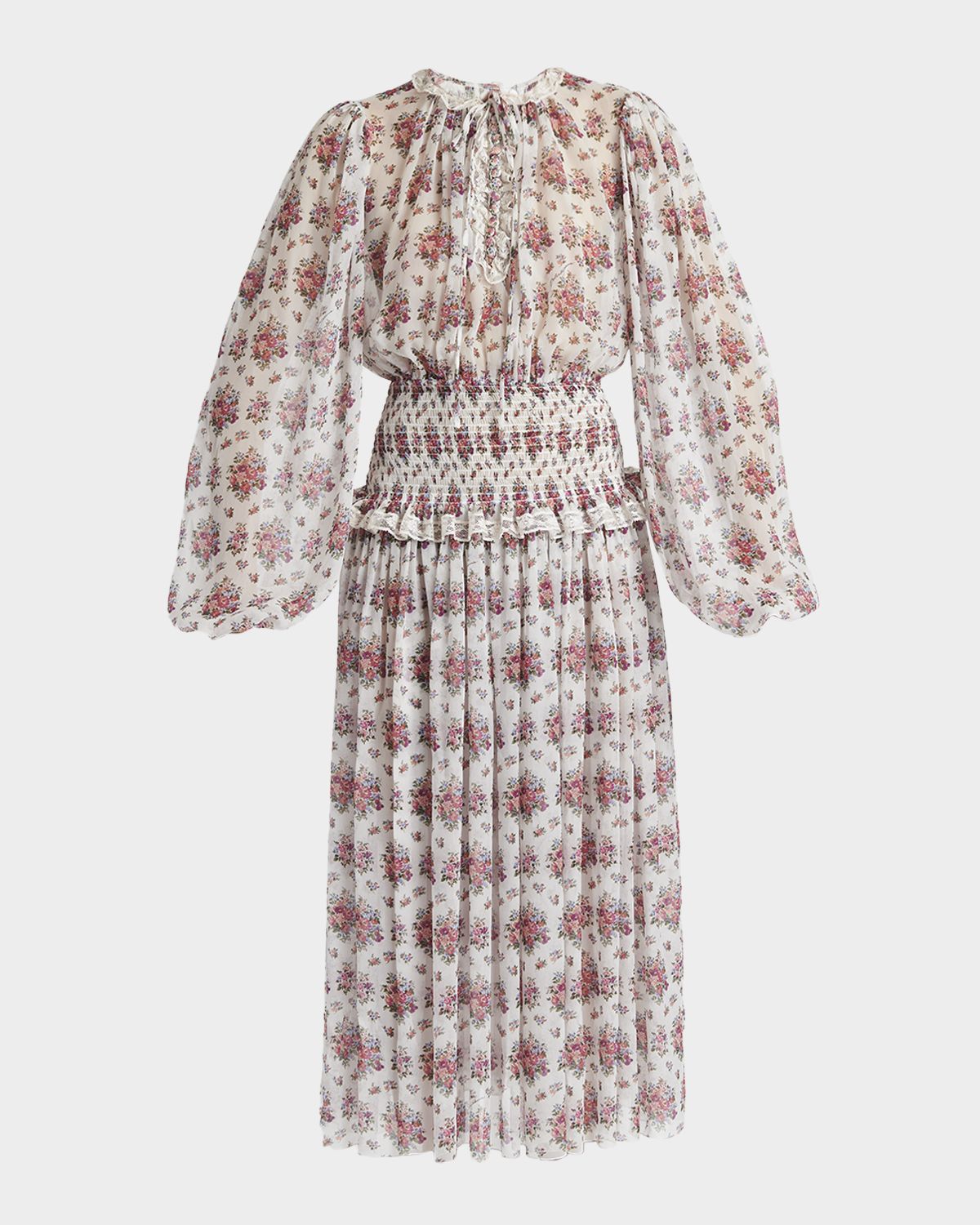 Dolce & Gabbana Floral-Print Shirred Chiffon Long-Sleeve Midi Dress