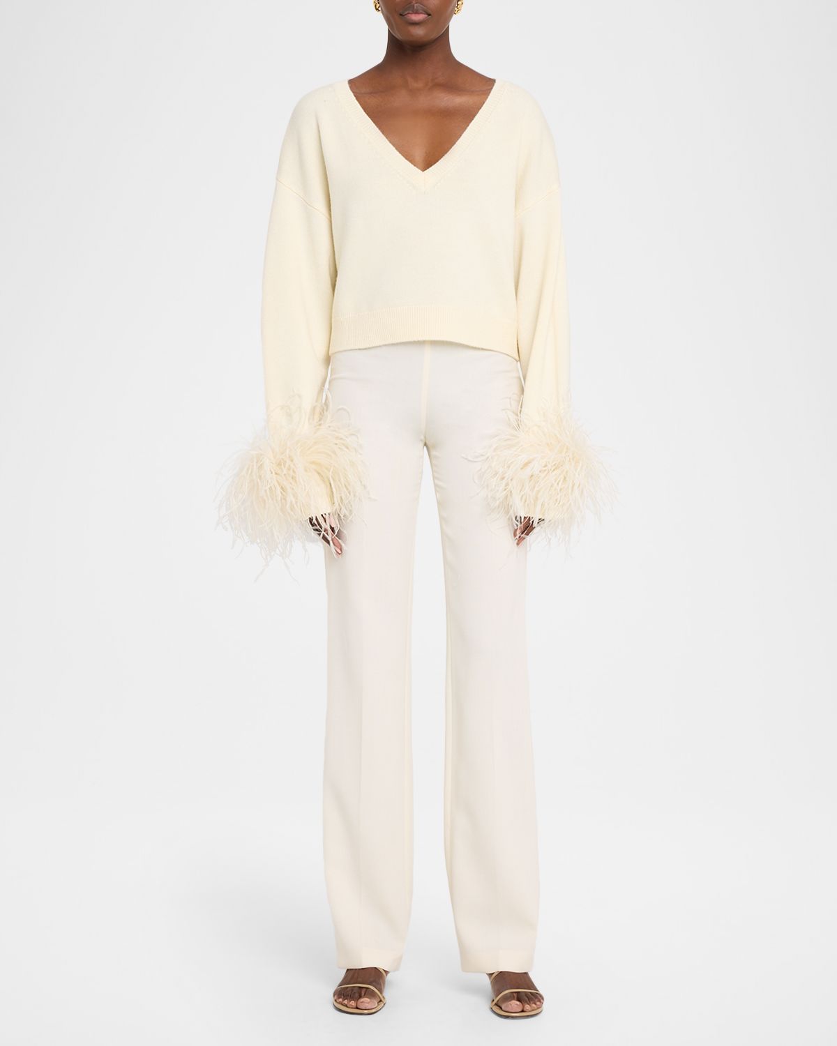 LAPOINTE Merino Wool V-Neck Crop Sweater With Feather Cuffs | Thumbnail 7