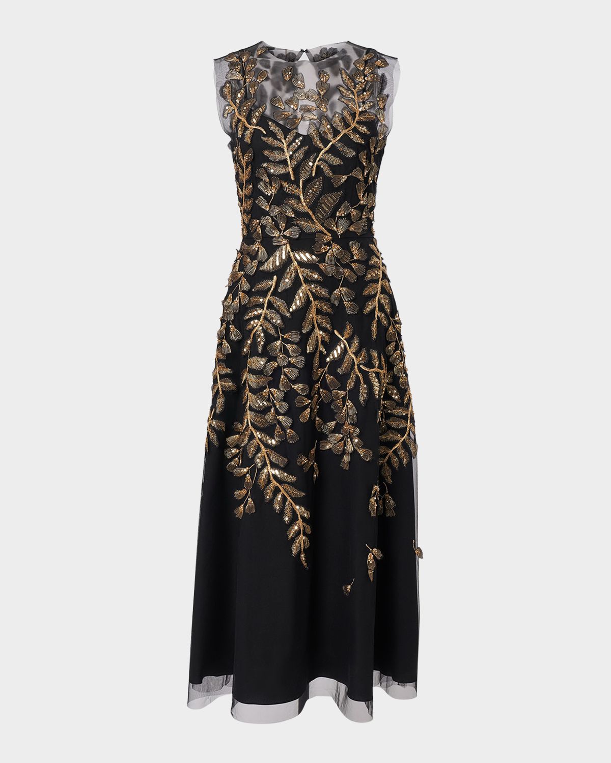 Carolina Herrera Gold Leaf-Embroidered Tulle Sleeveless Midi Dress