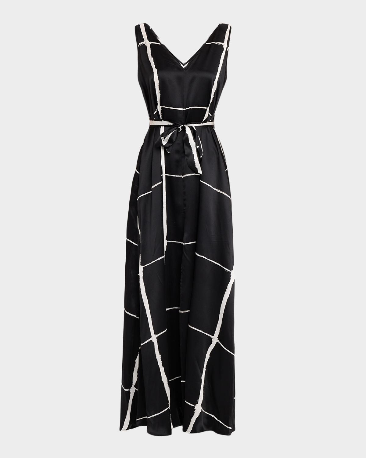 Kiton Sleeveless Check Silk Belted Maxi Dress
