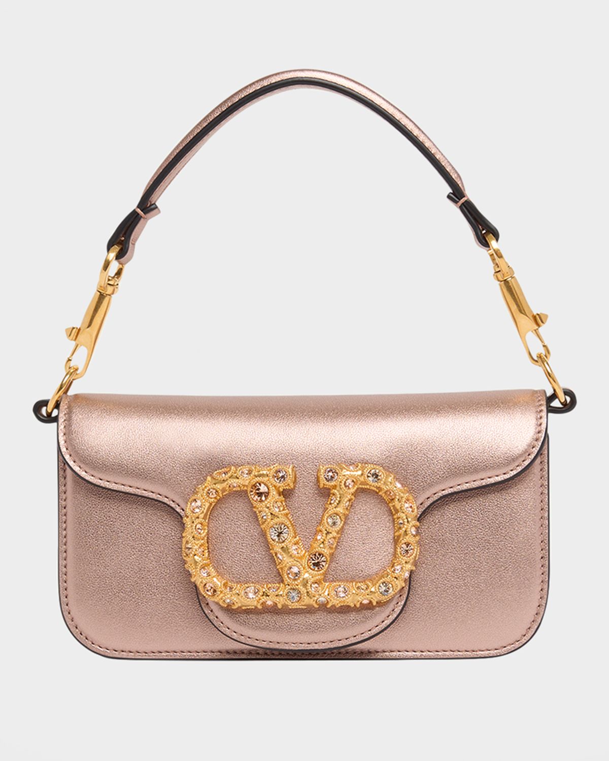 Valentino Garavani Small Crystal VLogo Metallic Leather Top-Handle Bag